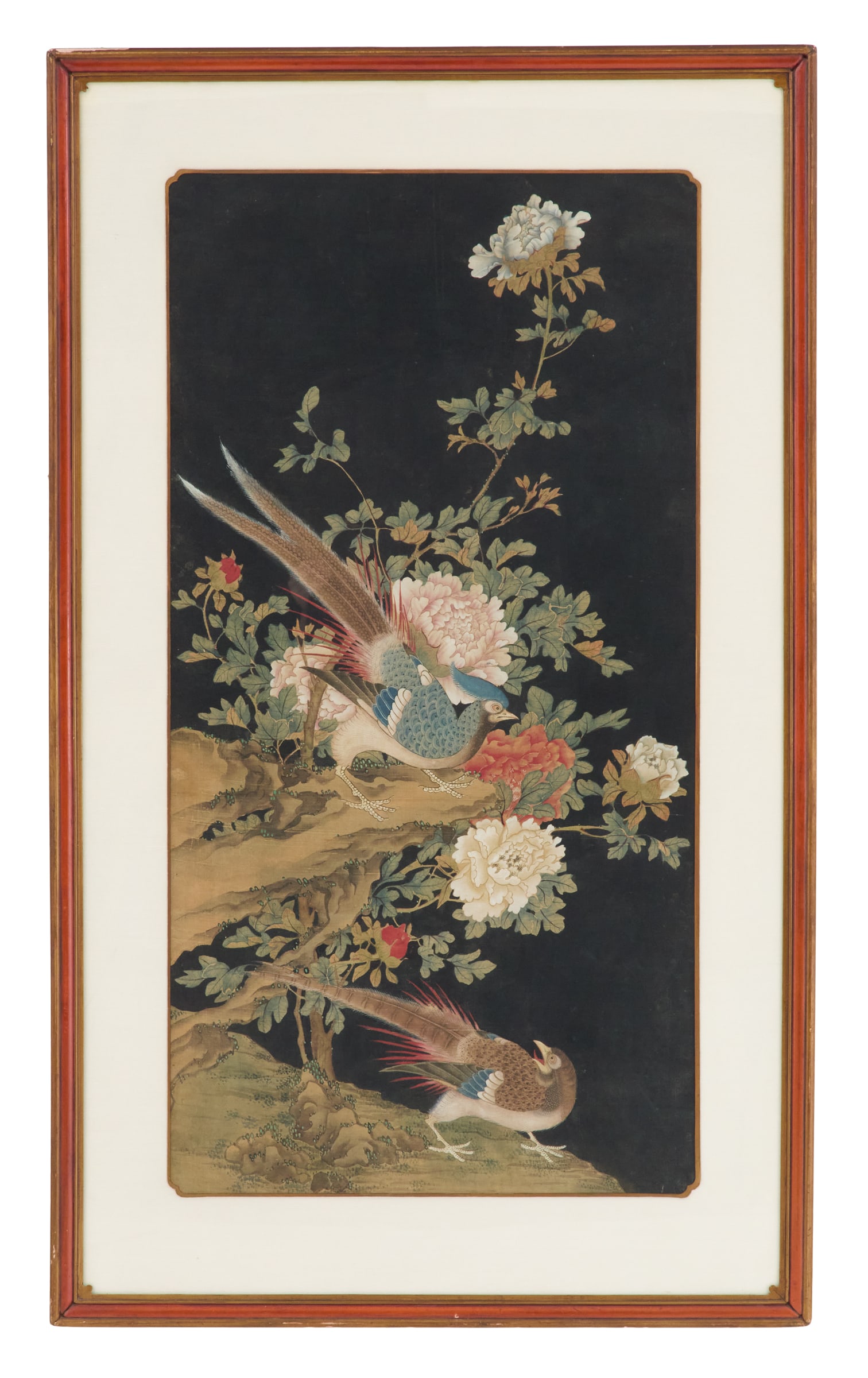 Print on Fabric of Birds and Flowered Branches: Decorative Print on Fabric of Birds and Flowered Branches 20th century, in the Japanese taste. Matted, glazed and framed. sight 43" x 23", framed 54" x 33-1/2" Provenance: The collection of Clarence G
