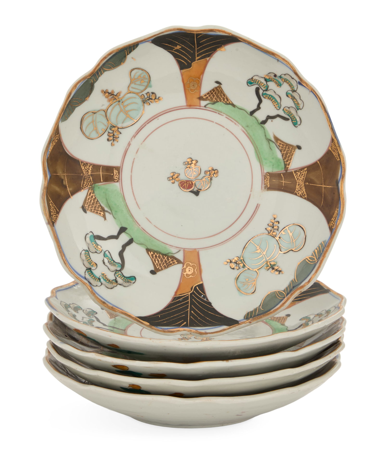 Five Japanese Kutani Porcelain Plates: Five Japanese Kutani Porcelain Plates 20th century, the scalloped plates decorated with panels of trees alternating with leaves, accented with raised gilt. dia. 8-1/2" Provenance: The collection of Cl