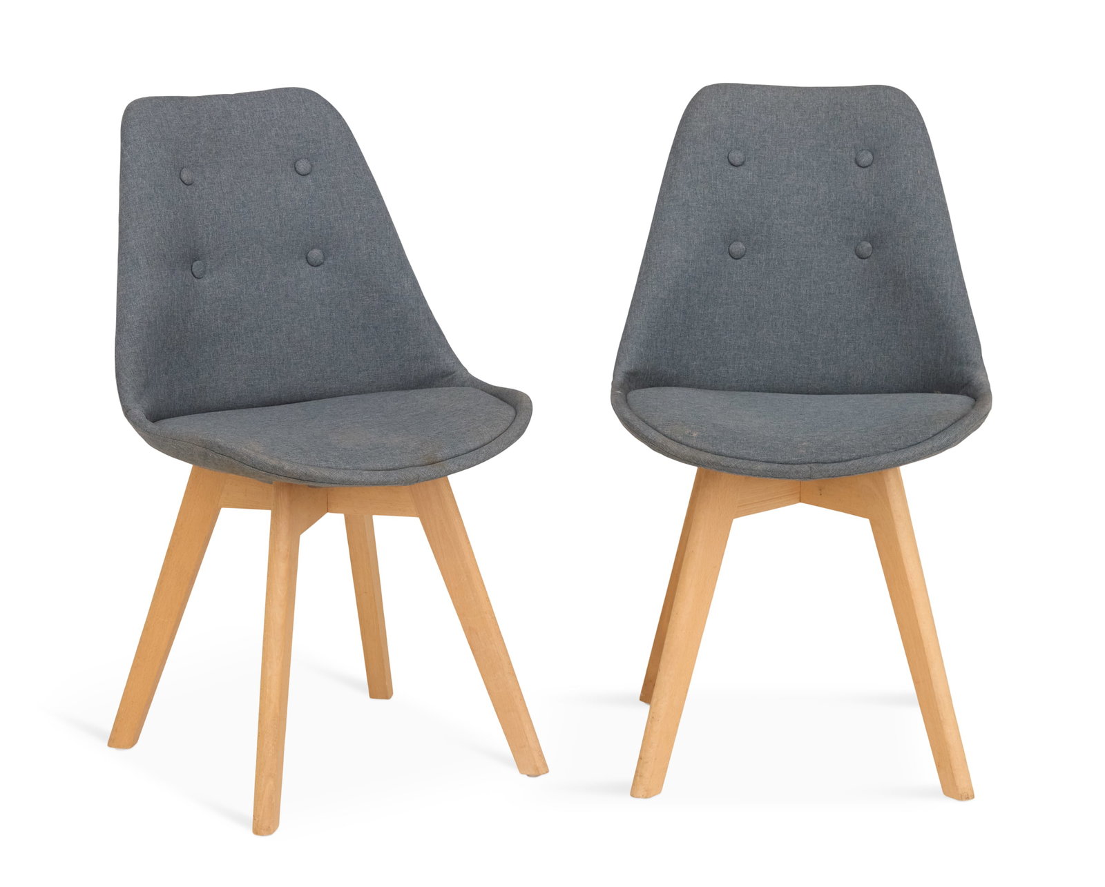 Mid-Century Modern-Style Maple Side Chairs: Pair of Mid-Century Modern-Style Maple Side Chairs each with a four-button padded back and integral cushion seat, raised on four tapered and splayed legs. h. 33", seat h. 18", w. 19", d. 17"