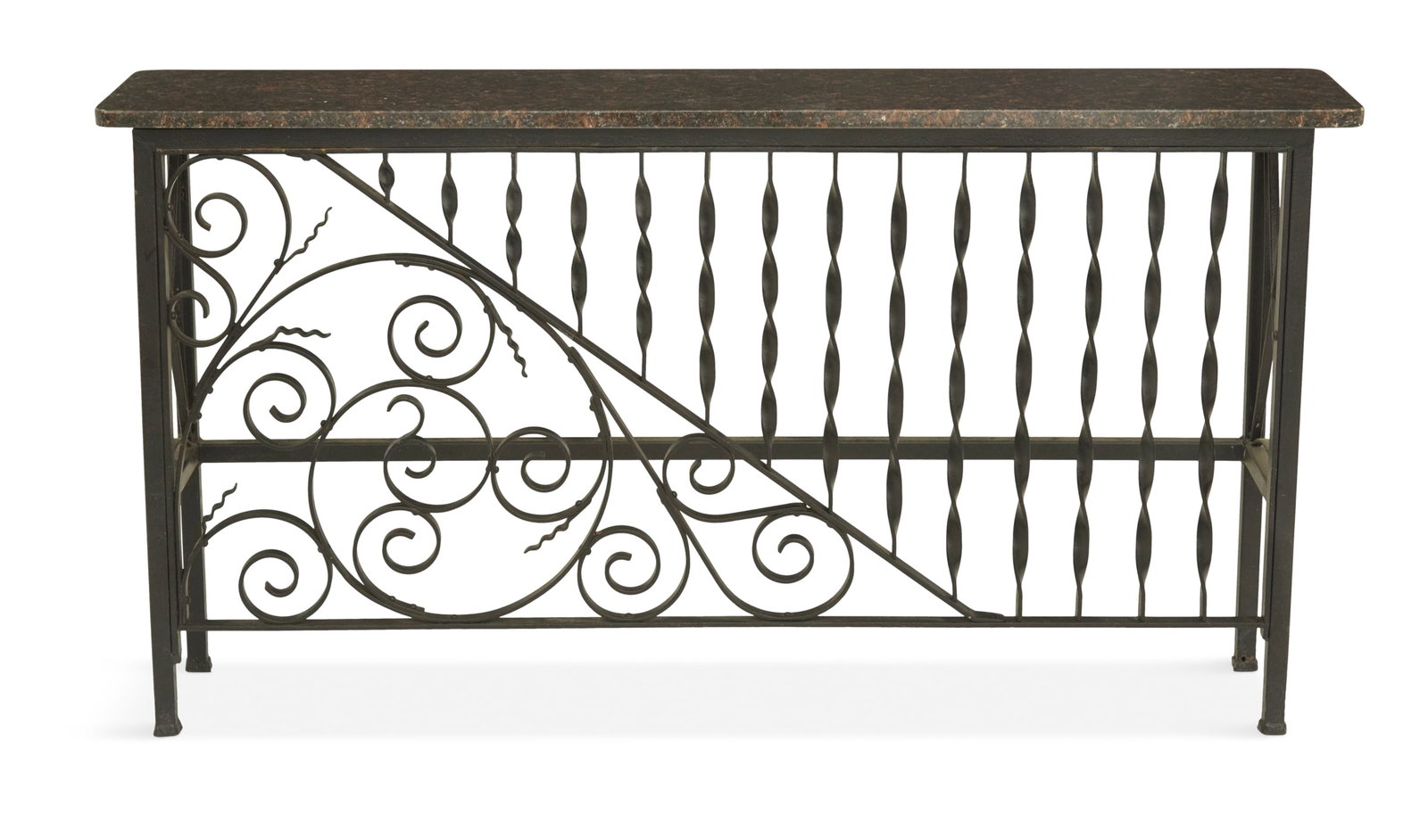 Granite-Top Iron Console: Granite-Top Iron Console 20th century, the mottled black and gray granite top over an iron facade with scrollwork and rope-twists, the sides with neoclassical medallions. h. 31", w. 58-3/4", d. 12-1/2