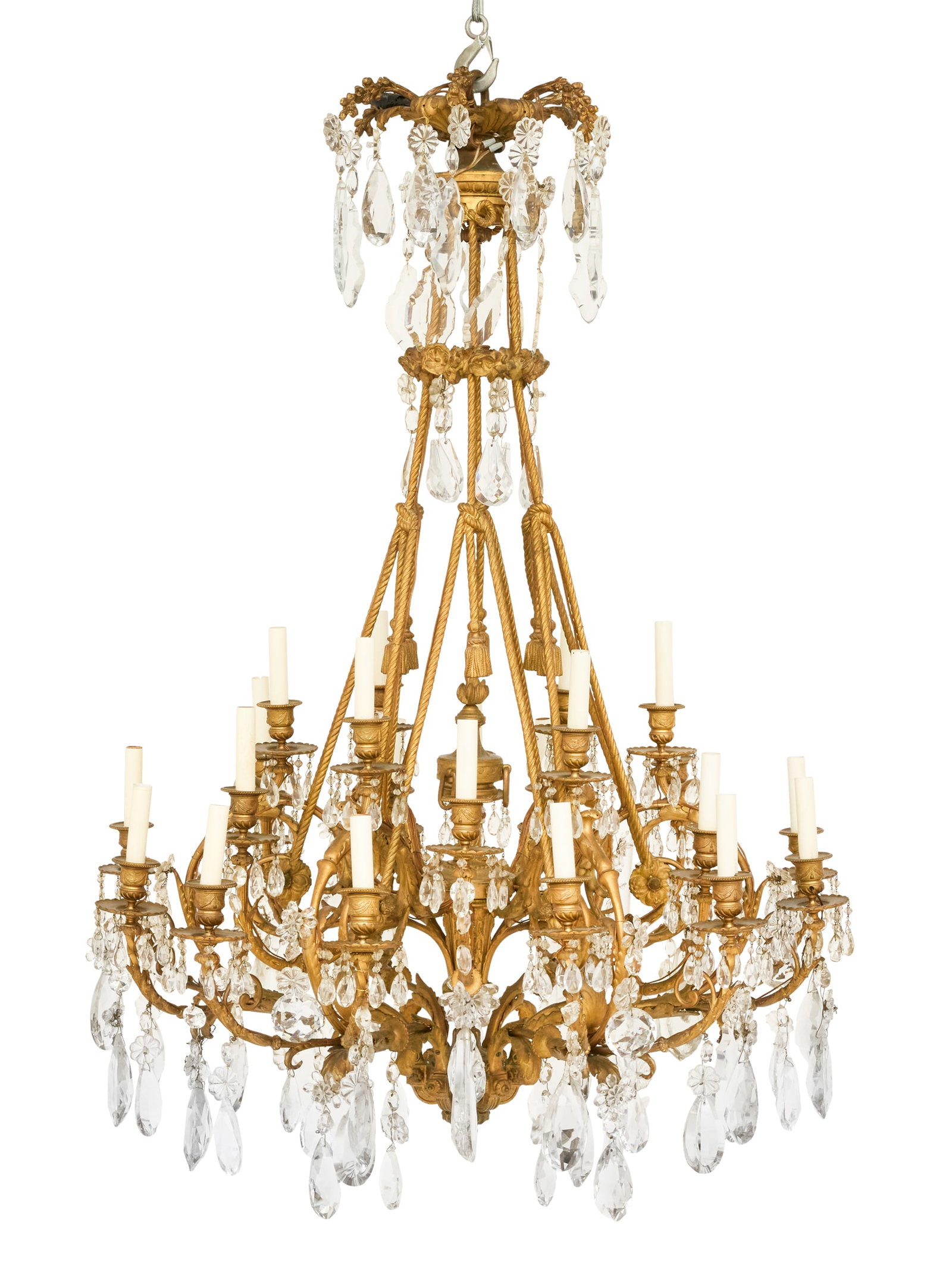 French Gilt-Bronze and Crystal Chandelier: French Belle Epoque Gilt-Bronze and Crystal Chandelier late 19th century, the eighteen-light chandelier with an acanthus-molded corona, set with graduated tiers of large cut-glass drops, supporting th
