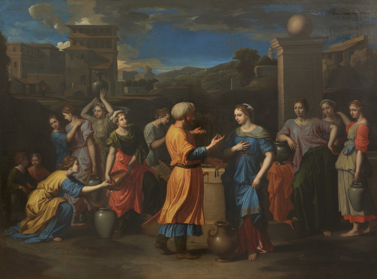 Attr. to Nicolas Colombel (French, 1644-1717): Attributed to Nicolas Colombel (French, 1644-1717) "Rebecca at the Well" oil on canvas unsigned. Framed. 49-1/2" x 63", framed 55" x 71"