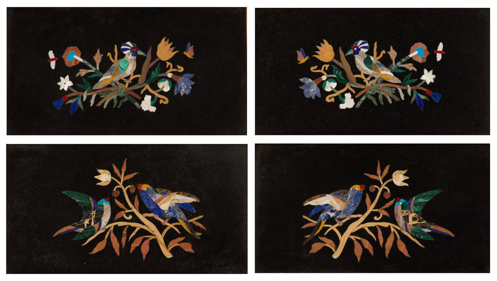 Set of Four Italian Pietra Dura Plaques: Set of Four Italian Pietra Dura Plaques 20th century, inlaid with birds on branches, composed of various specimen hardstones on a black ground, in molded giltwood frames. h. 16-3/4", w. 25-1/2"