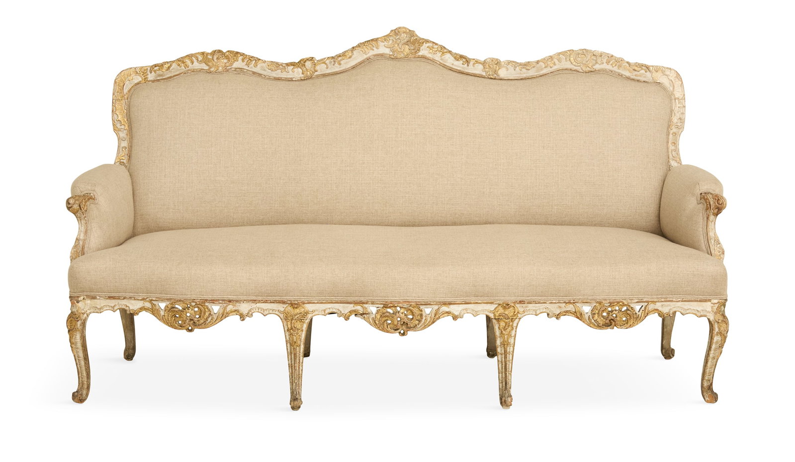 Italian Rococo Parcel-Gilt Settee: Italian Rococo Parcel-Gilt Settee third quarter 18th century, the serpentine crest carved with gilt rocaille and scrollwork against a white ground, the scrolled arms carved with cabochons and leaves, 