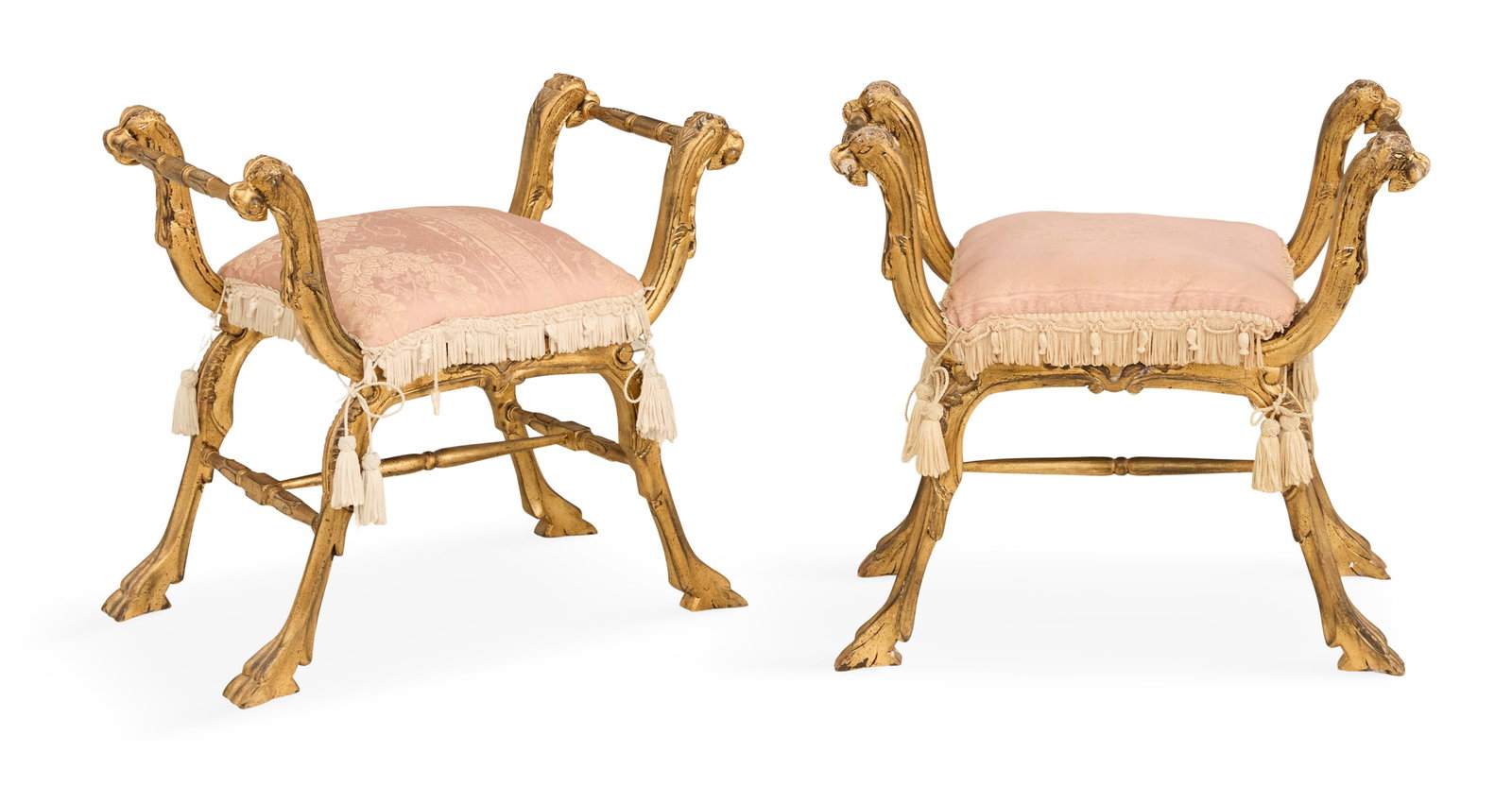Pair of Italian Giltwood Benches: Pair of Italian Giltwood Benches 20th century, each with bird-form arms, with handle bars clenched in their beaks, a loose seat cushion and raised on bird-form legs joined by stretchers. h. 25-1/2", w