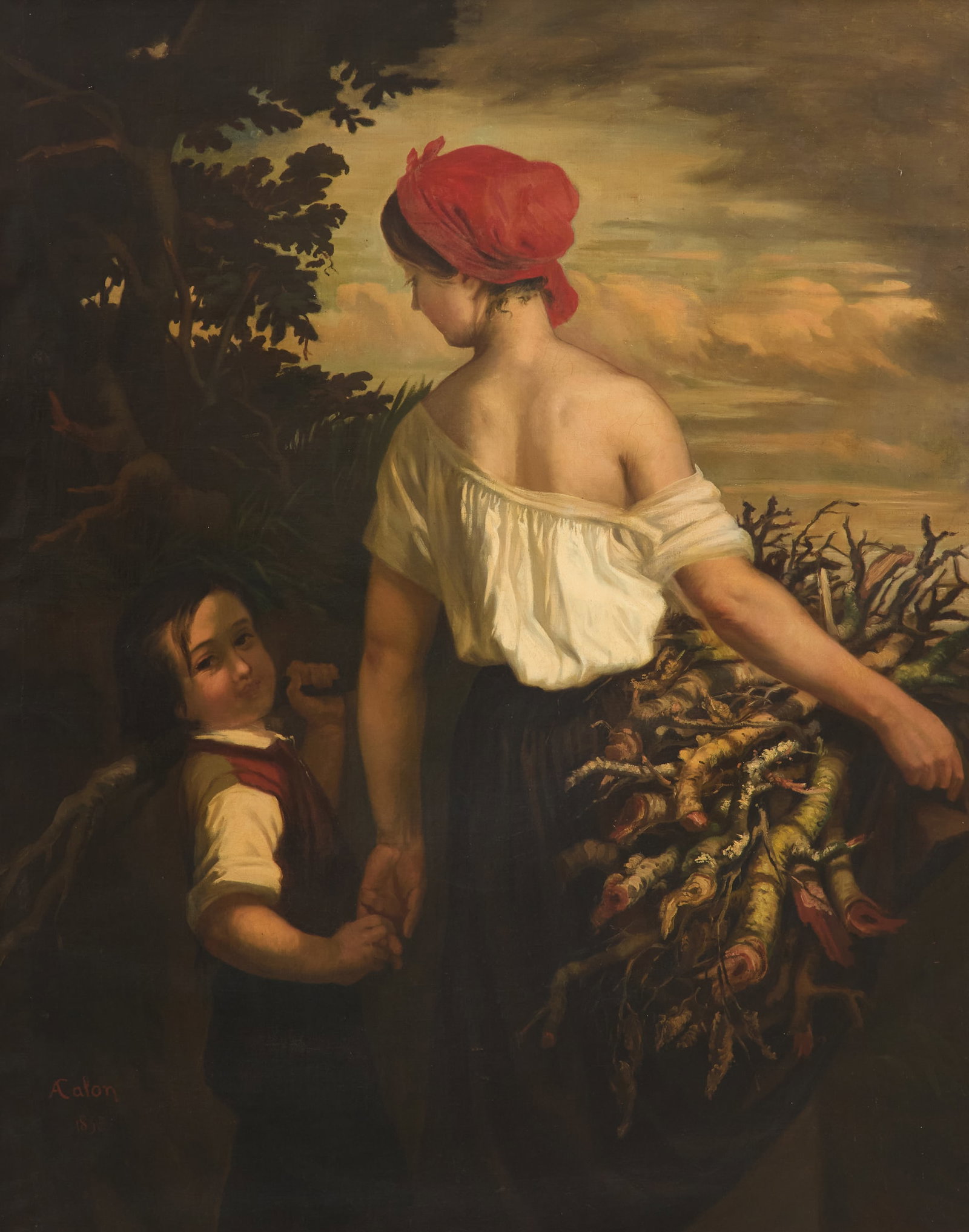 Achille-Augustin Calon (French, 1826-1904): Achille-Augustin Calon (French, 1826-1904) "Les Dernieres Glanures", 1853 oil on canvas signed and dated lower left. Framed. 58" x 45-1/2", framed 66" x 53" Provenance: Keil's Antiques, Inc., New Orle
