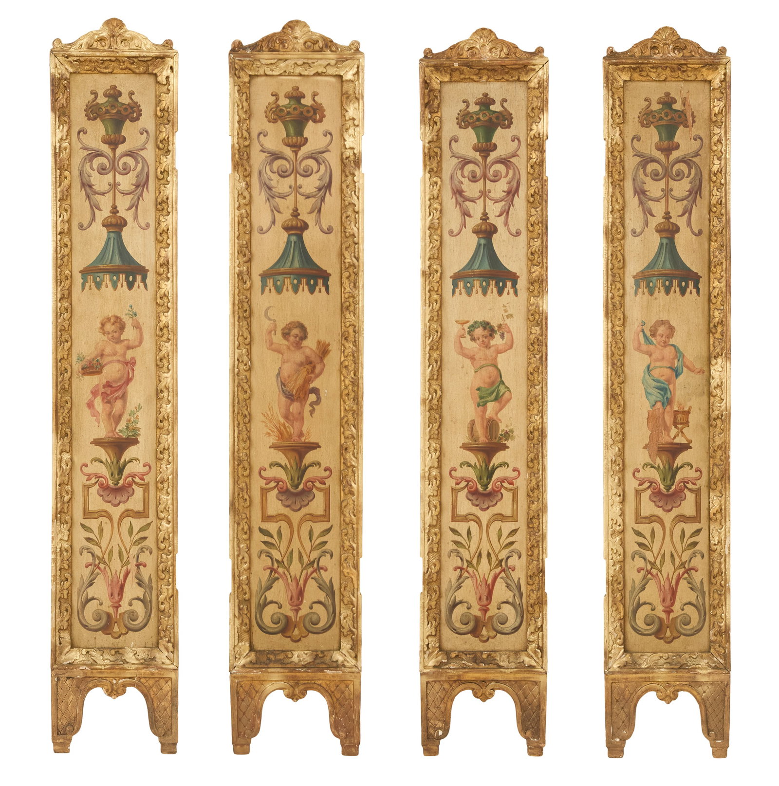 Set of Four Italian Hand-Painted Panels: Set of Four Italian Hand-Painted Panels 19th century, in the rococo taste, the scroll-carved surround with a carved crest, the panels decorated with painted canopies supported on scrollwork, over Bacc