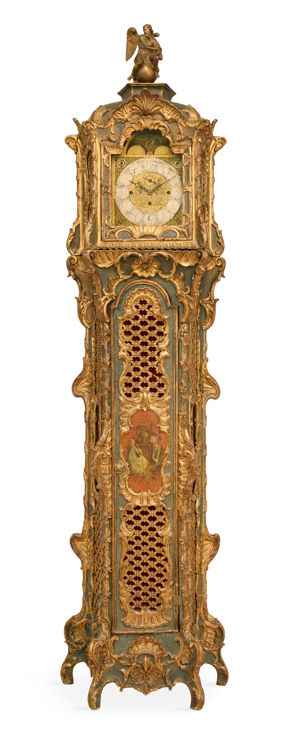Stunning Venetian Polychrome Tall Case Clock: Stunning Venetian Polychrome and Parcel-Gilt Tall Case Clock 18th century, the hood with a shell-form cartouche and scrolling brackets and a figural finial of Father Time, the mid-case with painted in