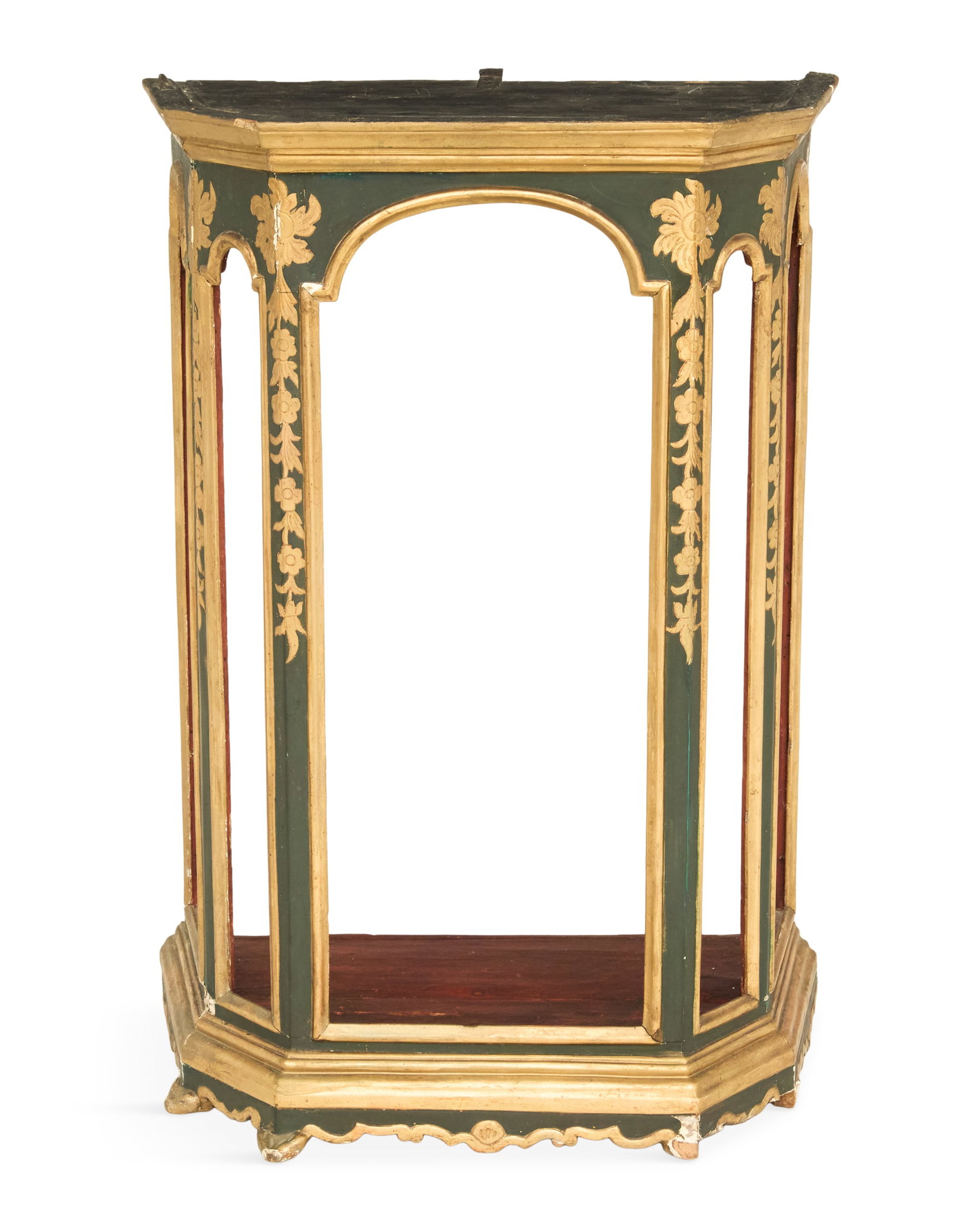Italian Parcel-Gilt Reliquary Case: Italian Parcel-Gilt Reliquary Case ca. 1800, the faceted case with a molded giltwood cornice and giltwood arched trimmed openings, the corners decorated with bas-relief incised flowers and leaves on a