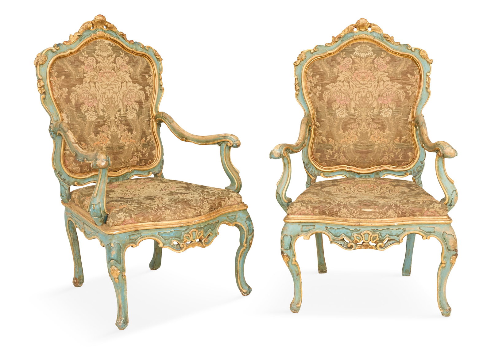 Pair of Venetian Polychrome Armchairs: Pair of Venetian Polychrome and Parcel-Gilt Armchairs 18th century, the shield-form carved and molded back frames set with tapestry paneled backs and seats, and down-curved arms with scrolled handgrip