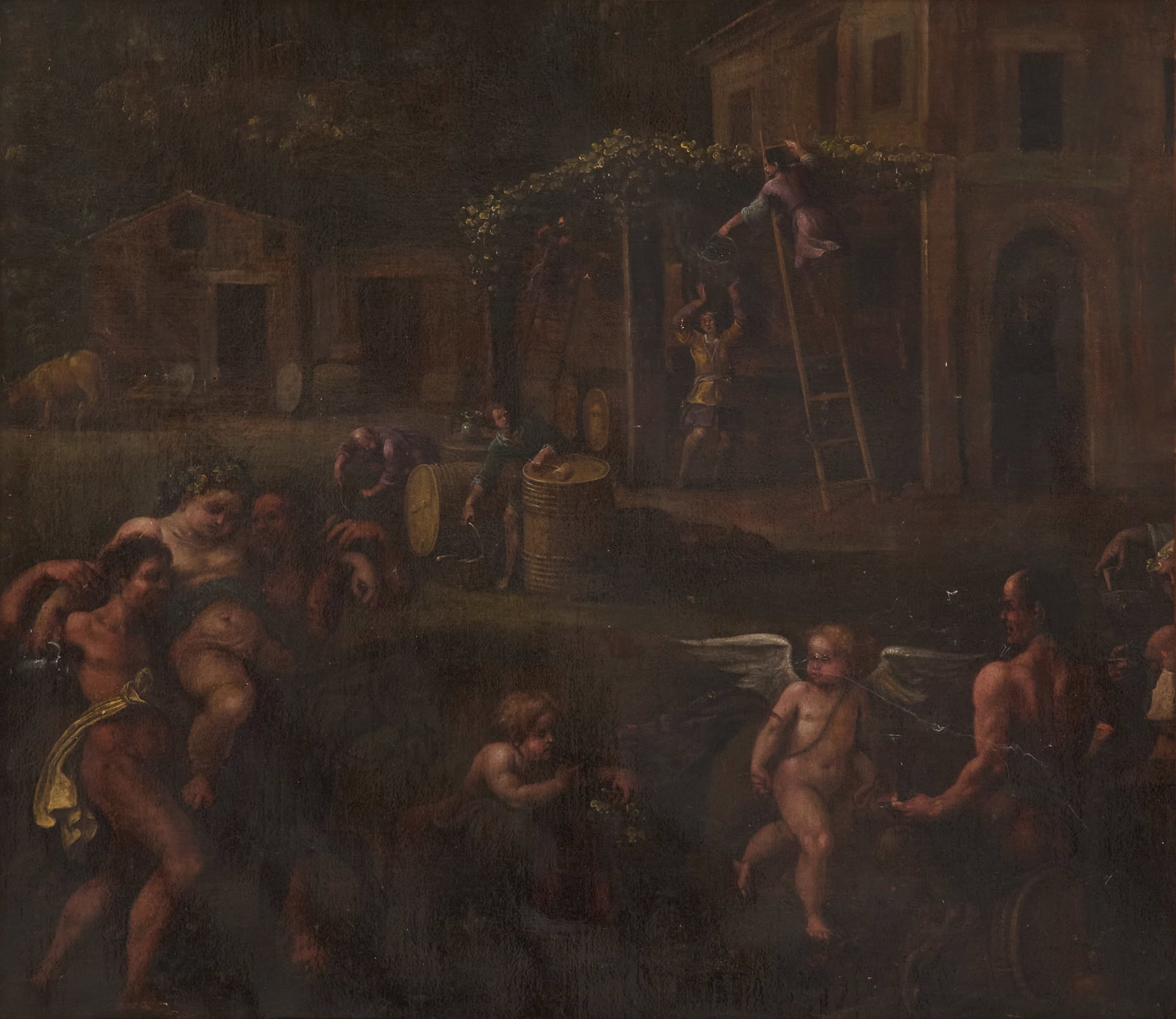 Italian School (18th Century): Italian School 18th Century "Bacchanal with Putti and Figures in a Vineyard" oil on canvas unsigned. Framed. 32-1/4" x 37", framed 37-3/4" x 42-1/2" Provenance: Kevin Stone Antiques, The Collection of