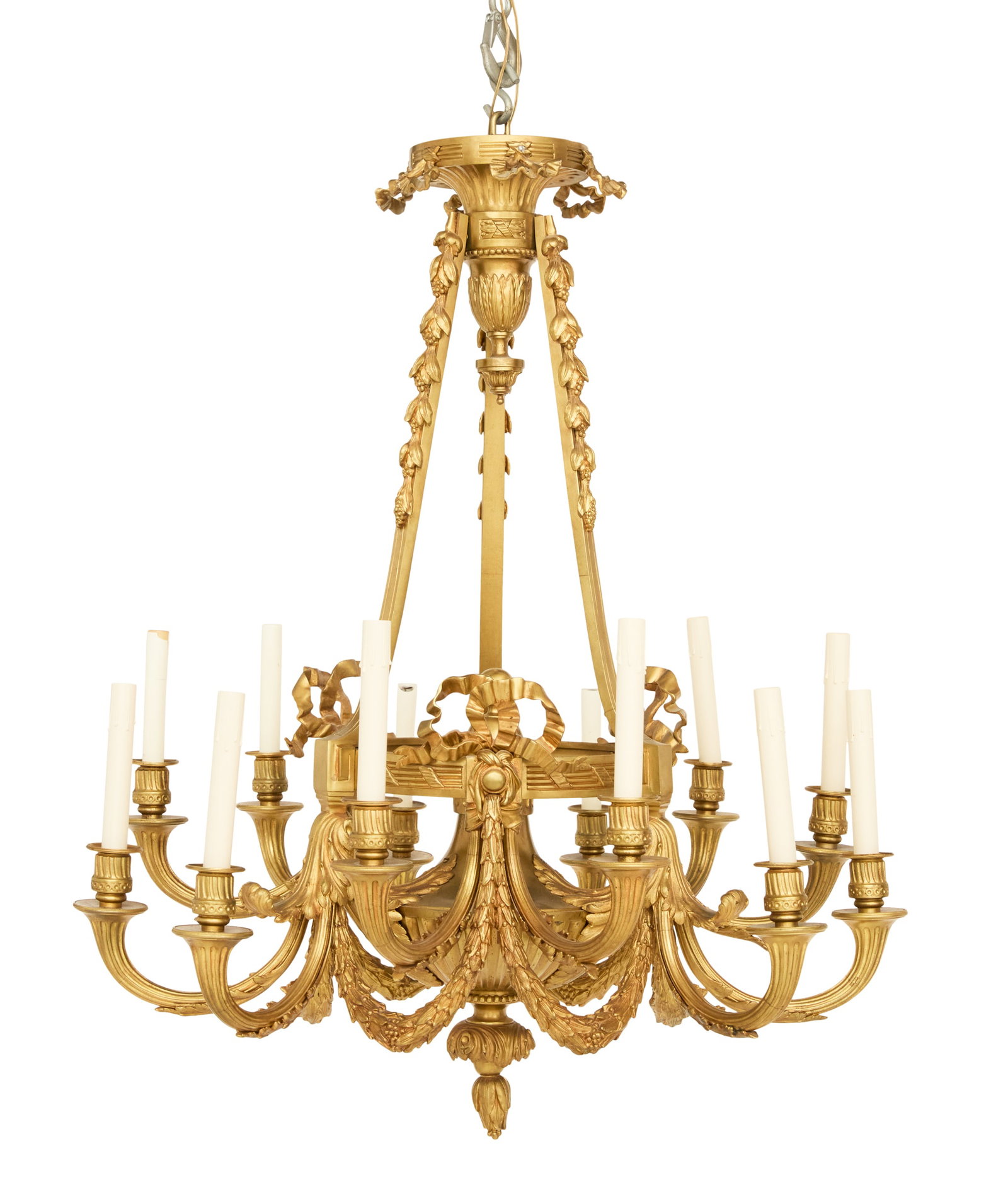 French Bronze Chandelier: French Bronze Chandelier in the Neoclassical Taste 20th century, the twelve-light chandelier with a fluted bronze corona set with pierced bowknots, supporting a frame decorated with bellflowers, the f