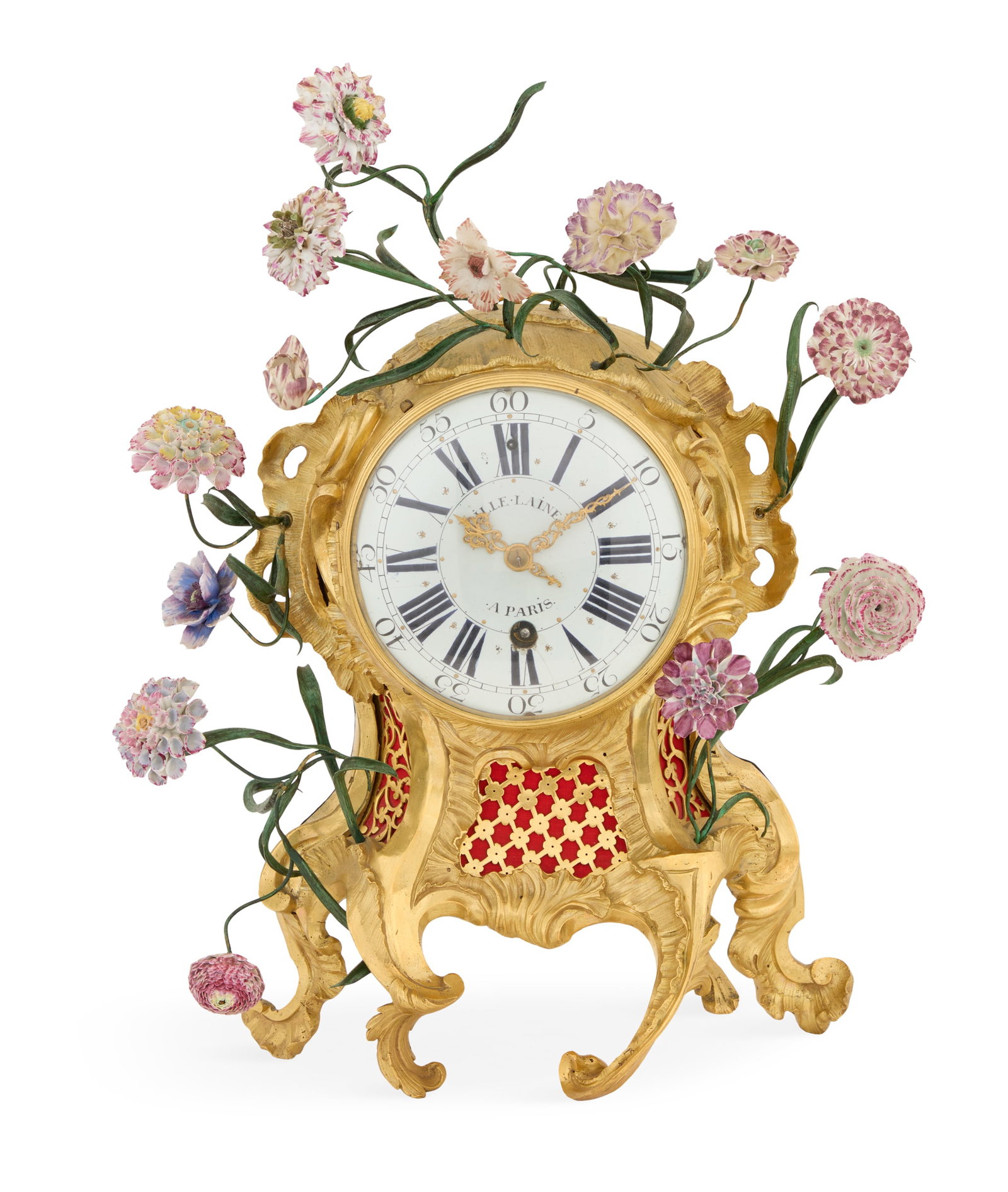 Gilt-Bronze and Porcelain Mantel Clock: Louis XV Gilt-Bronze and Porcelain Mantel Clock ca. 1750, Paris, the gilt-bronze waisted case decorated with foliage, rocaille and C-scrolls, the pierced body backed with later red silk and later embe
