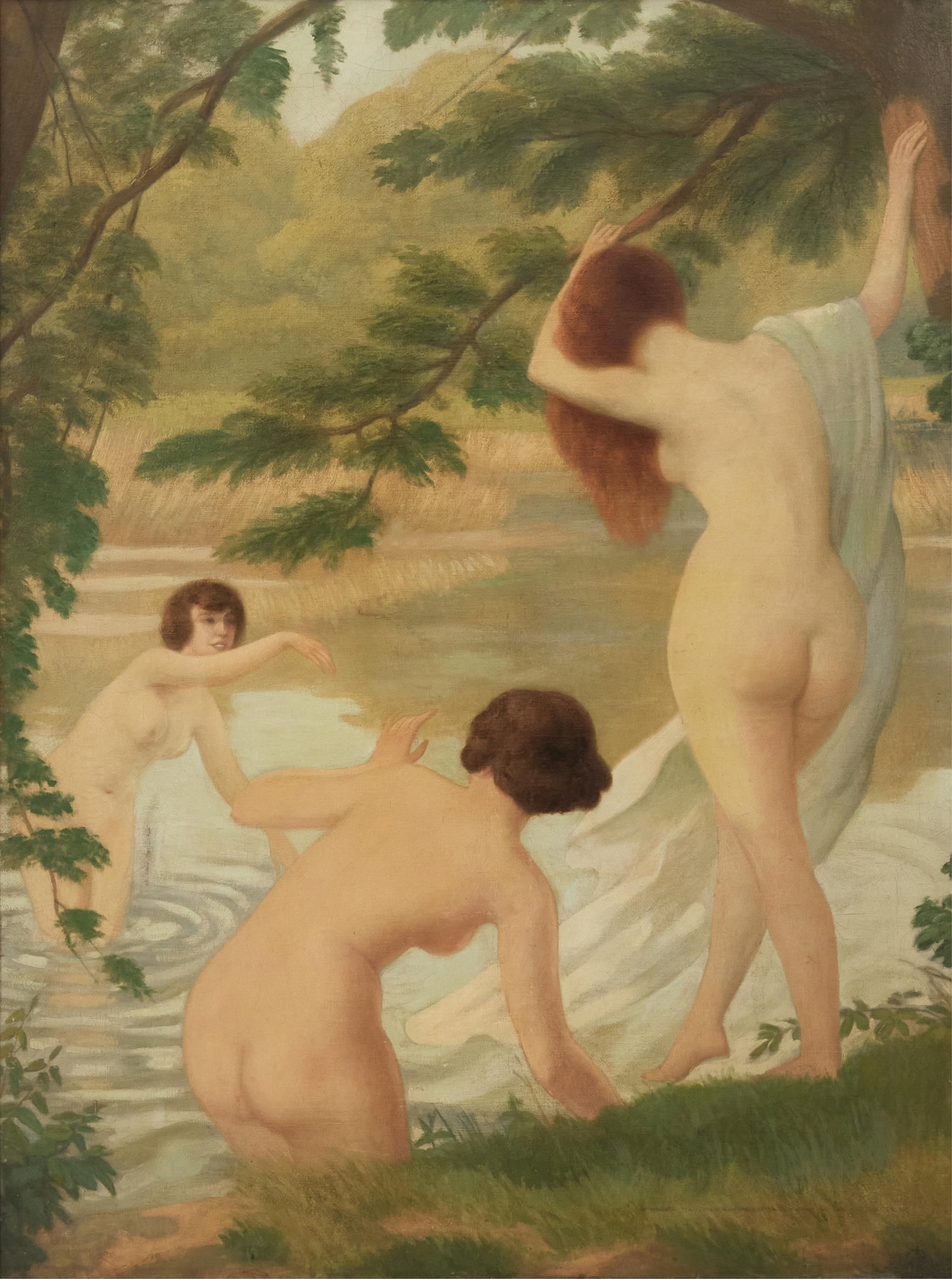 Emile-Quentin Brin (French, 1863-1950): Emile-Quentin Brin (French, 1863-1950) "Les Baigneuses" oil on canvas signed lower right, sale/inventory stencil and old label en verso with title and history. Framed. 59" x 43-1/2", framed 71-1/4" x 