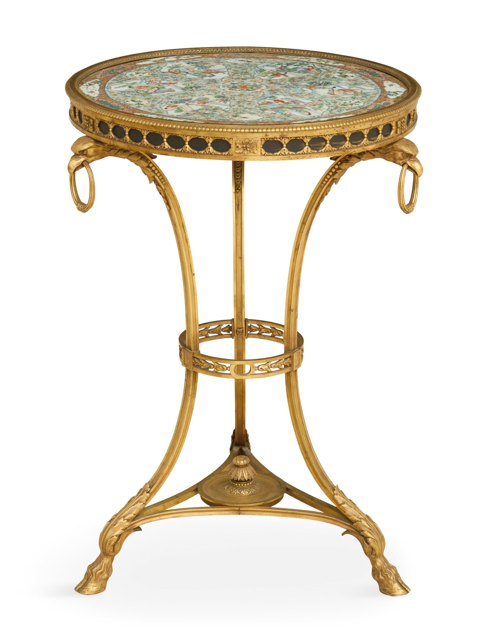 Chinese Export Gilt-Bronze and Porcelain Gueridon: Chinese Export Gilt-Bronze and Porcelain Gueridon 20th century, the top set with a circular porcelain panel in the famille rose palette, the beaded rim on a skirt set with patinated panels, supported 