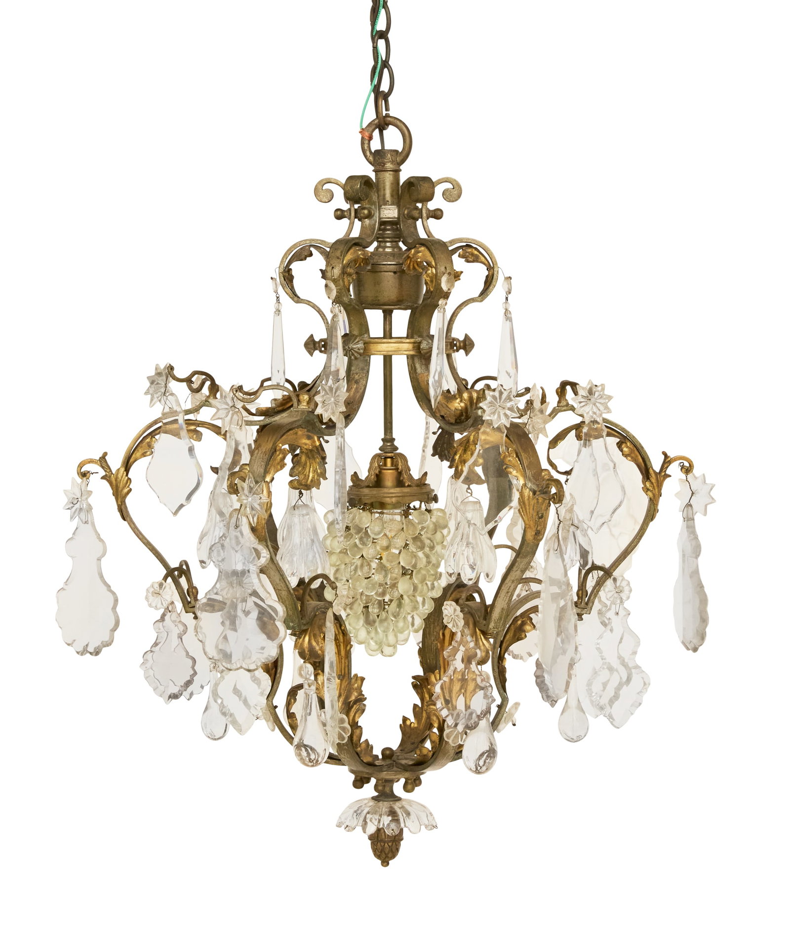 French Metal and Crystal Chandelier: French Metal and Crystal Chandelier early 20th century, possibly Baccarat, the silvered metal frame accented with gilt-metal leaves, with a bunch of crystal grapes concealing a single center light, th