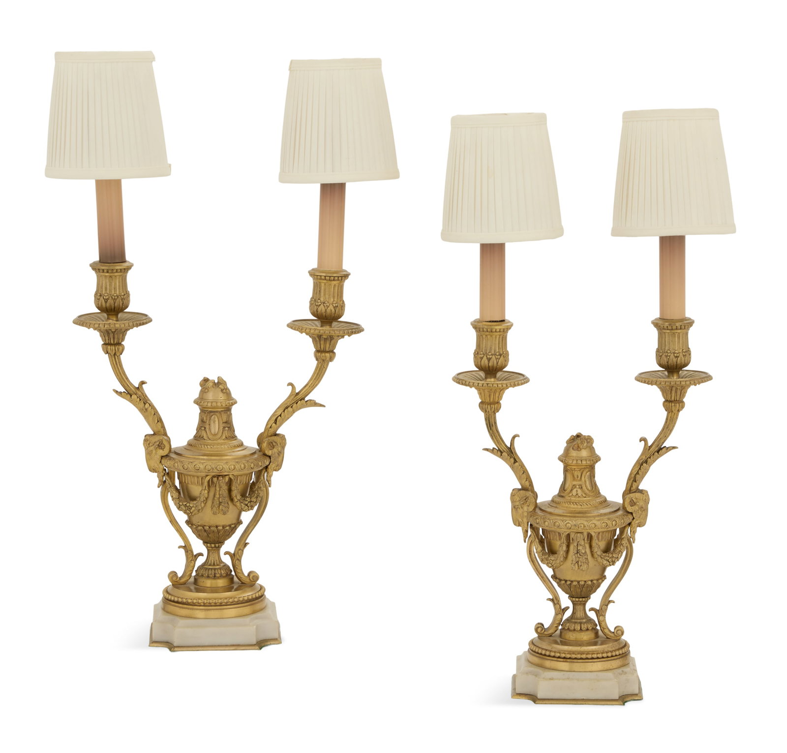 Pair of French Bronze and Marble Candelabra Lamps: Pair of French Bronze and Marble Candelabra Lamps late 19th century, the urn-form bodies molded with swags of leaves supporting scrolled and leaf-molded candle branches terminating in fluted, laurel-m