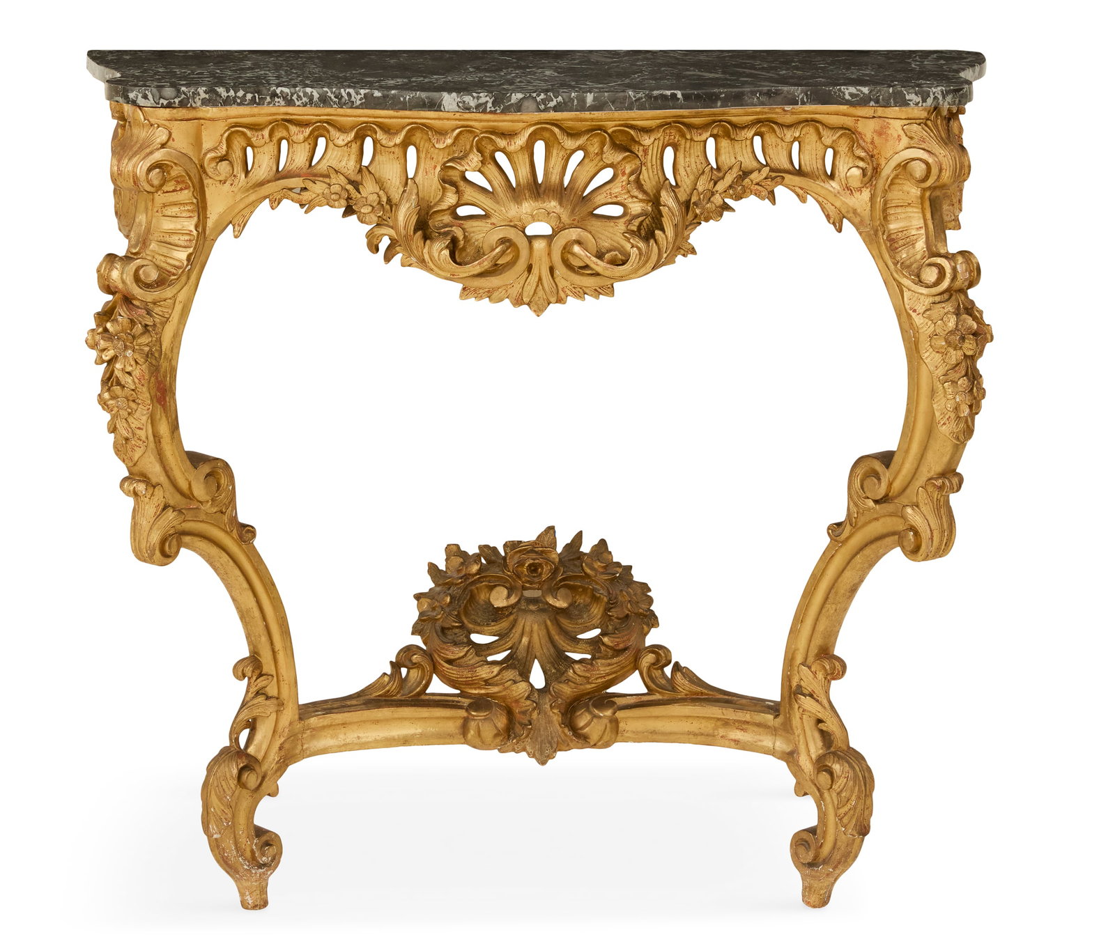 Louis XV-Style Marble-Top Console Table: Louis XV-Style Giltwood and Marble-Top Console Table the conforming serpentine gray marble top over a rocaille-carved front apron, joined by floral-carved legs to a lower stretcher and centered by a l