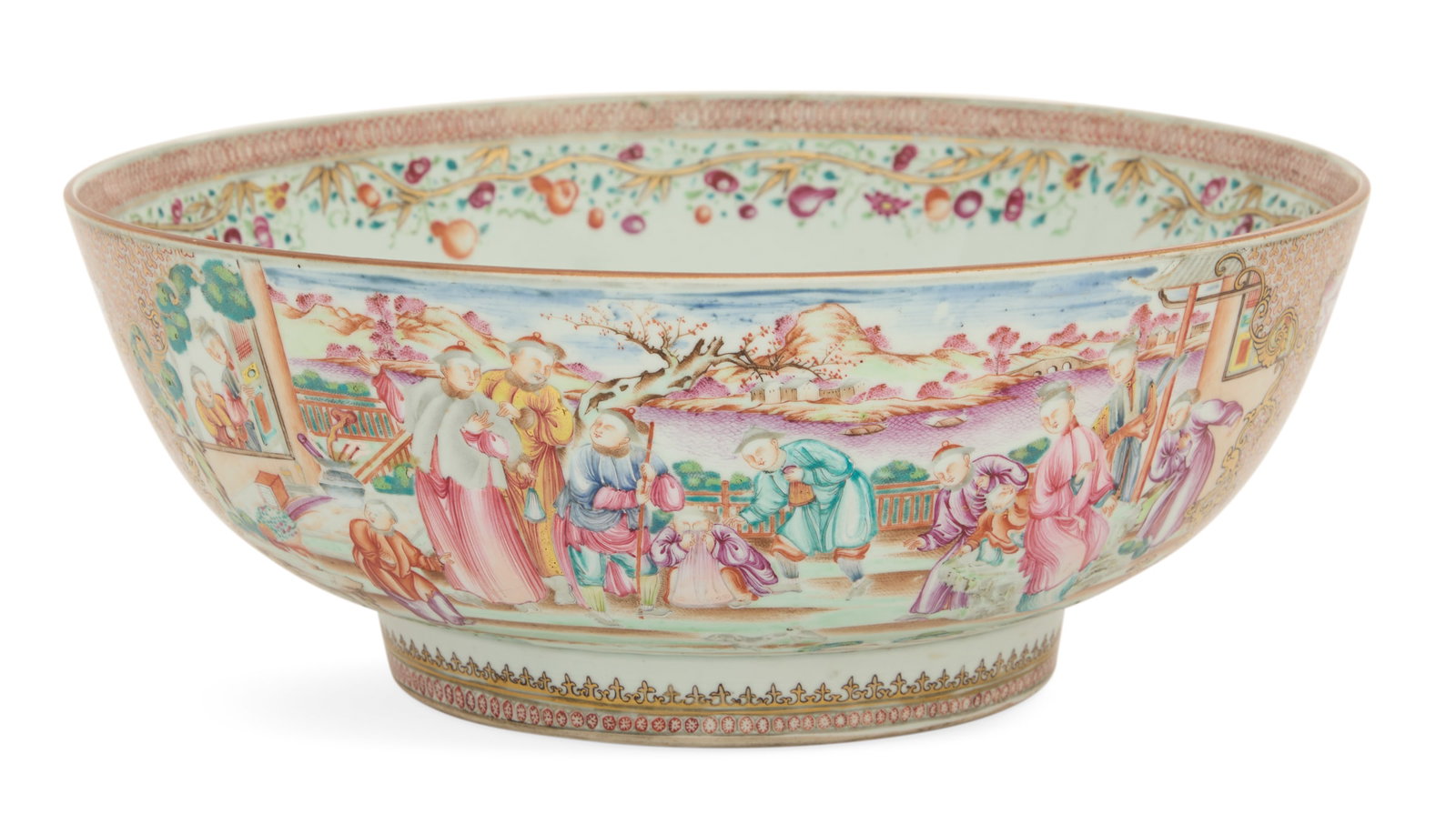 Chinese Export Porcelain Punch Bowl: Chinese Export Porcelain Punch Bowl in the Famille Rose Palette Qianlong period, the exterior decorated with mandarin figures framed in gilt rococo surrounds, on an orange and gilt "X" ground, the int