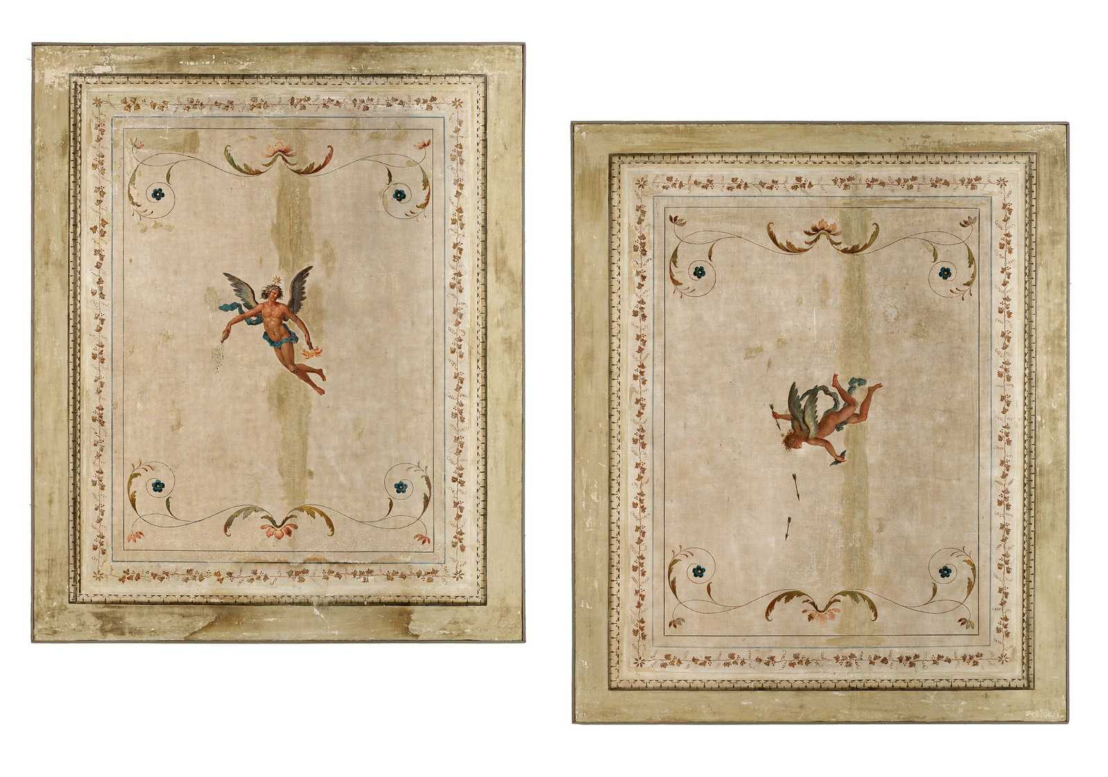 Italian School (Fourth Quarter 18th Century): Italian School Fourth Quarter 18th Century "Pair of Panels with Depictions of Vesperus and Luciferus" oils on canvas unsigned. Framed alike with thin liners. each 58-1/4" x 47-1/4", framed 58-3/4" x