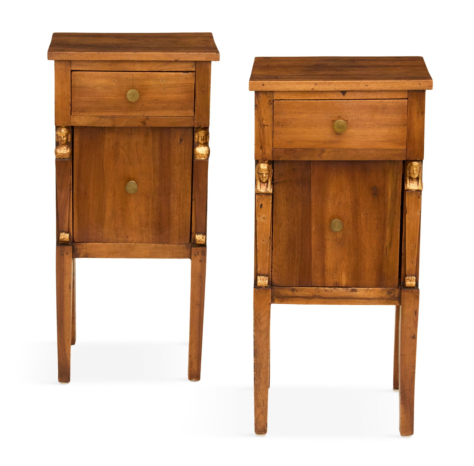 Pair of Biedermeier Fruitwood Diminutive Cabinets: Pair of Biedermeier Fruitwood Diminutive Cabinets mid-19th century, each with a rectangular top above a conforming case fitted with a drawer over a recessed cupboard, flanked to either side by an enga
