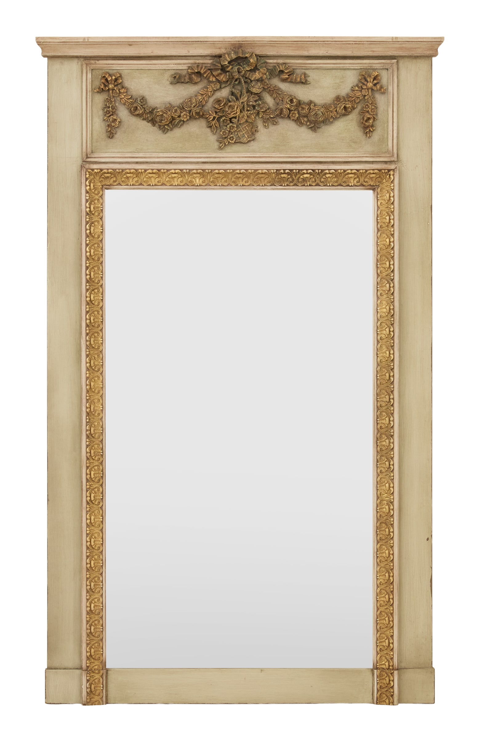 Trumeau Mirror in the Louis XVI Taste: Trumeau Mirror in the Louis XVI Taste the gray-painted mirror with a molded cornice overhanging the upper tablet, decorated with a giltwood swag of roses, the mirror plate with a giltwood scrolled lin