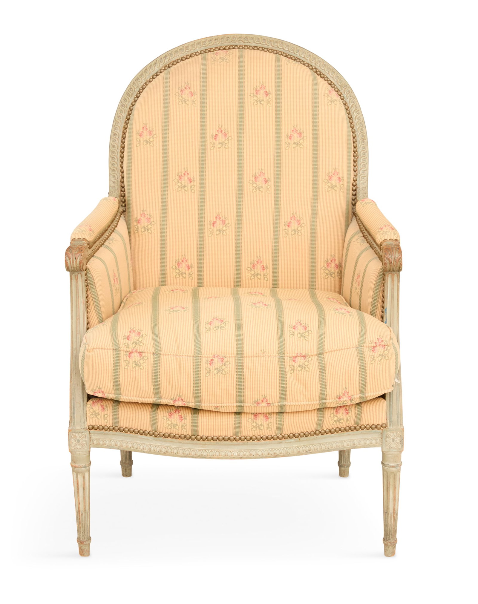 Louis XVI-Style Polychrome Bergere: Louis XVI-Style Polychrome Bergere 19th century, the padded and domed back within a guilloche-carved frame, joined by closed acanthine-carved arms to the cushioned seat, raised on stop-fluted,