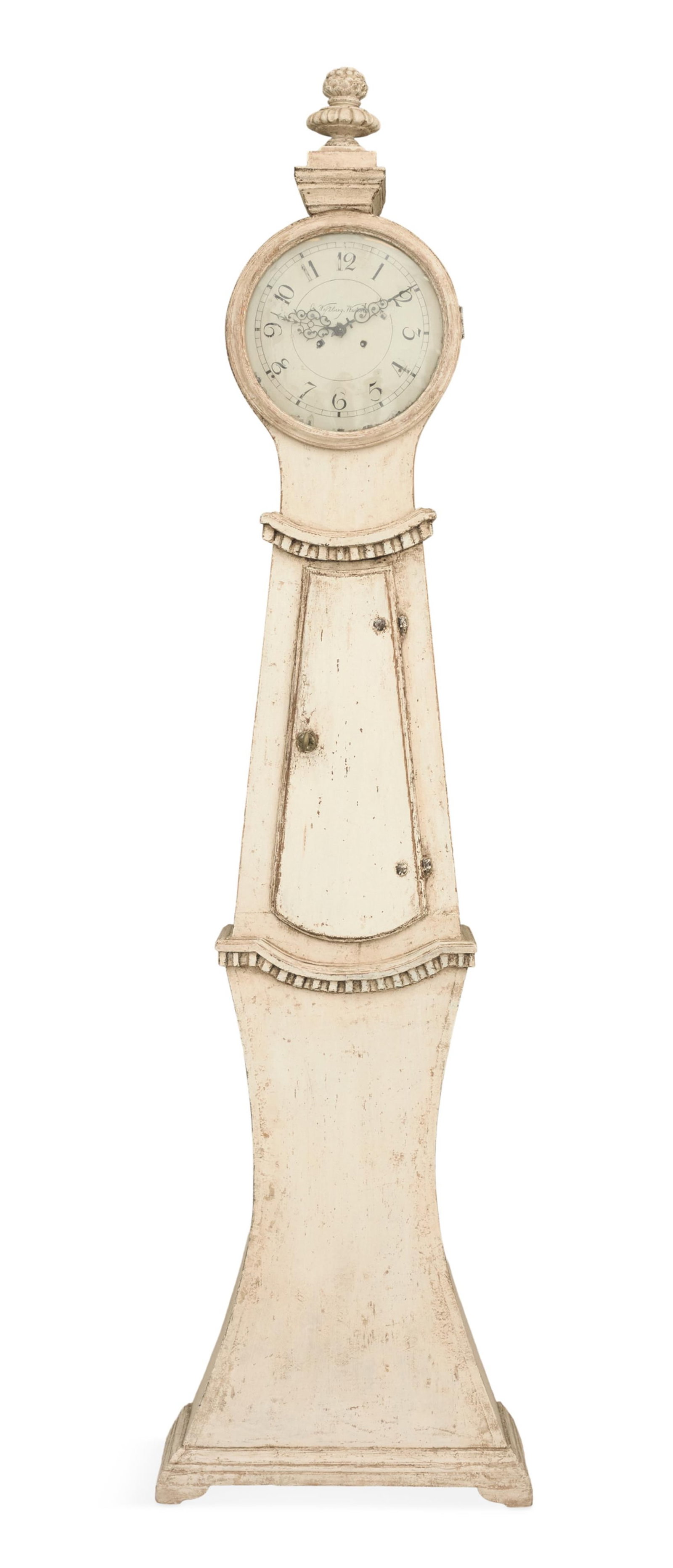 Swedish Polychrome Tall Case Clock: Swedish Polychrome Tall Case Clock 18th century, the headpiece with a circular dial and carved finial above, the lower case of hourglass form, with a time-and-strike movement signed "G. Westberg, West