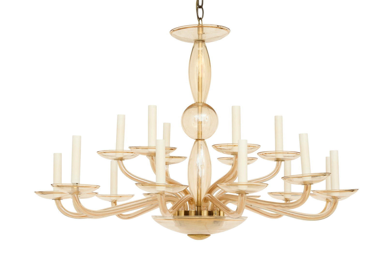 Murano Eighteen-Light Chandelier: Murano Eighteen-Light Chandelier mid-20th century, Italian, the standard clad with blown glass and the bowl-form body set with blown-glass arms and drip pans on two levels, electrified and fitted with