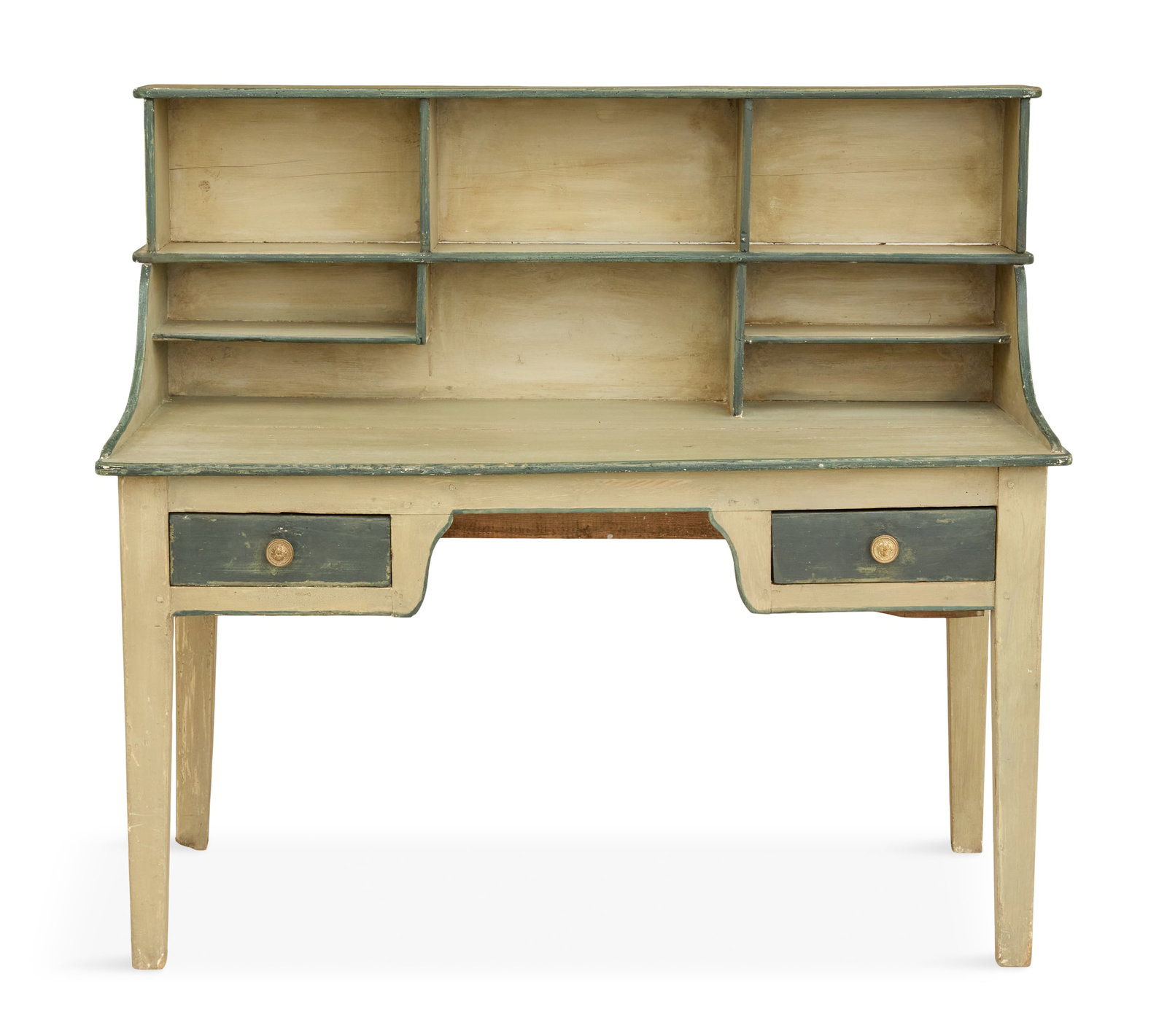 Provincial Polychrome Desk: Provincial Polychrome Desk 20th century, the superstructure with two tiers of shelves above the rectangular top, over a frieze fitted with two end drawers, raised on tapered square legs. h. 48-1/4", w
