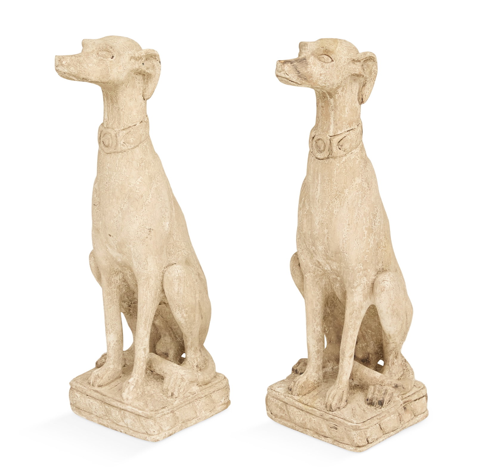 Pair of Carved Wooden Whippets: Pair of Carved Wooden Whippets 20th century, the white-washed wooden whippets carved with collars, seated on square plinths, with rope-twist edges. h. 33-1/4", w. 9", d. 14"