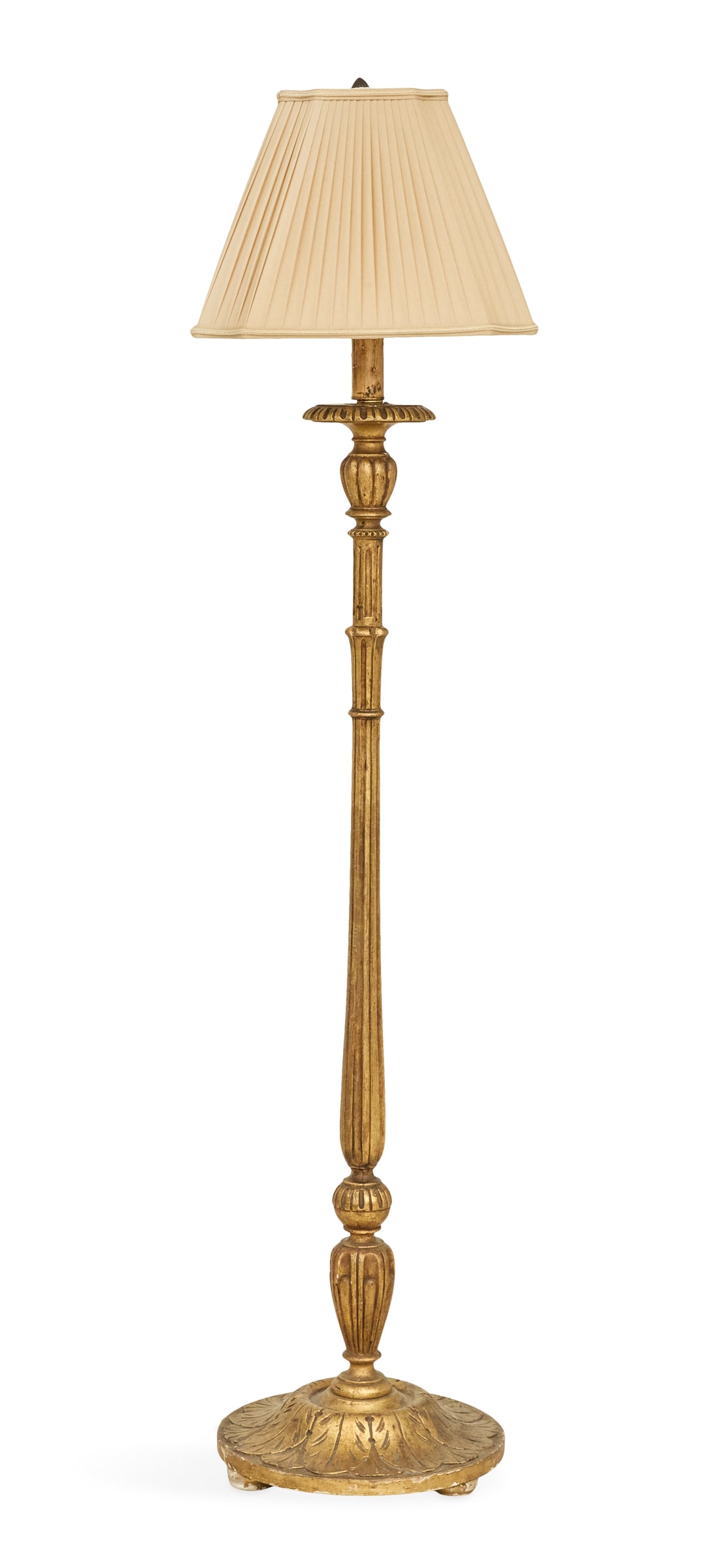 Italian Giltwood Floor Lamp in the Baroque Taste: Italian Giltwood Floor Lamp in the Baroque Taste early 20th century, in the form of an altar stick, with a fluted drip pan and reeded and fluted vasiform standard, the circular ogee-form base carved w