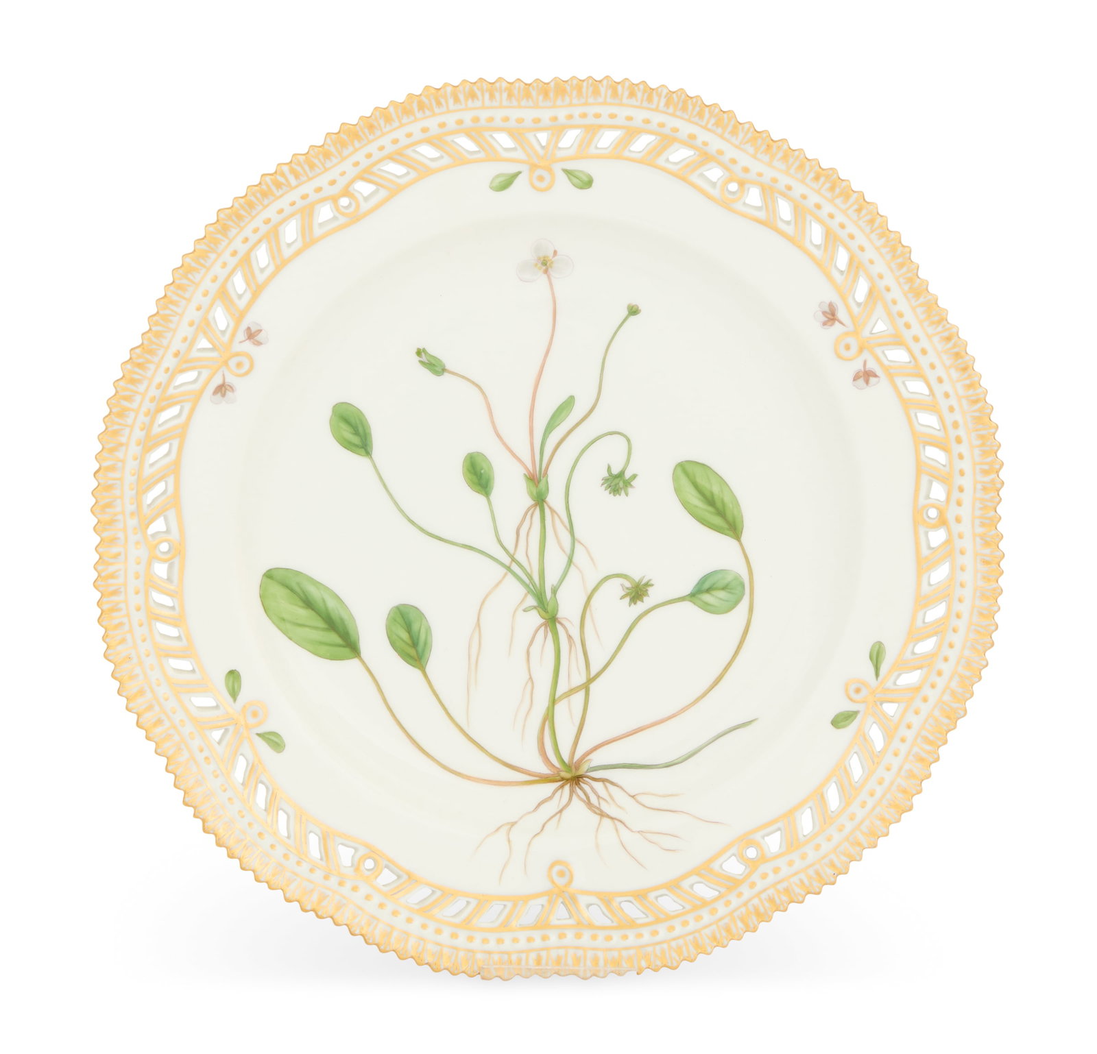 "Flora Danica" Pierced Luncheon Plate: Royal Copenhagen "Flora Danica" Porcelain Pierced Luncheon Plate 1969-74, model 3533, depicting "Alisma natans L.", fully marked. dia. 9" Provenance: Estate of Vance Boyd, Memphis, Tennessee.