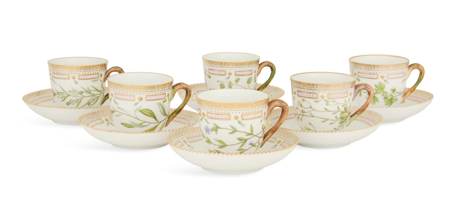 Six "Flora Danica" Flat Cup and Saucer Sets: Six Royal Copenhagen "Flora Danica" Flat Cup and Saucer Sets 1951-66 and 1985-91, cups model 3597, saucers model 3597 and two examples 073, the cups depicting assorted botanicals and presented in upcu