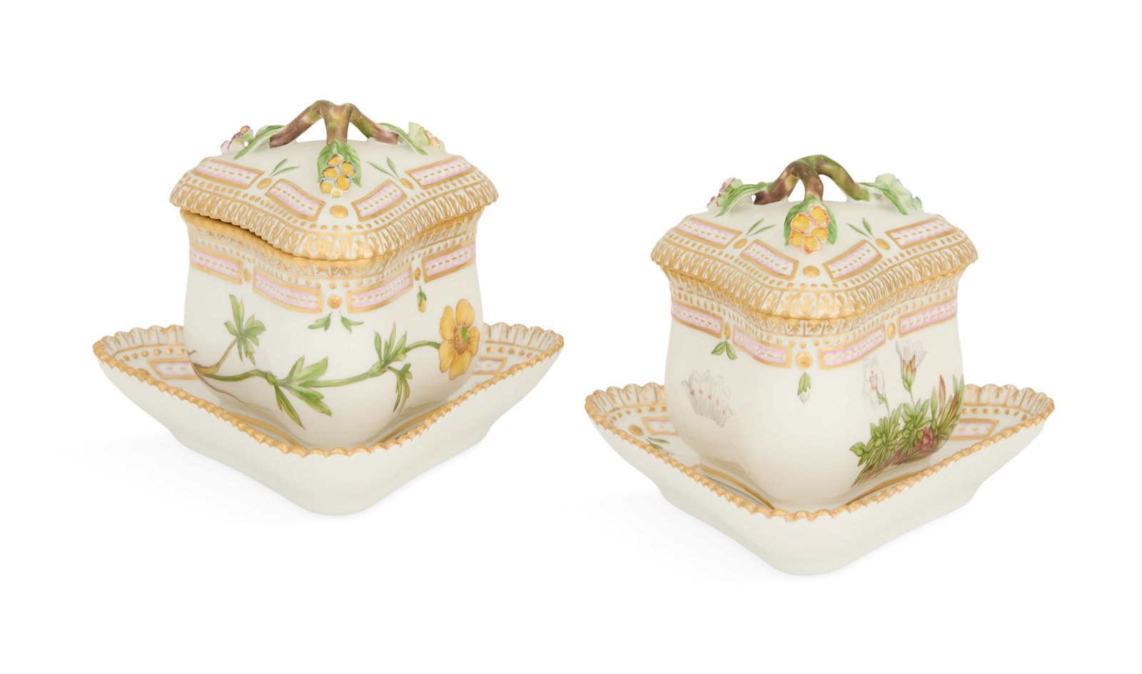 Two "Flora Danica" Triangular Custard Cup Sets: Two Royal Copenhagen "Flora Danica" Triangular Custard Cup Sets 1962 and 1963, the covers and cups model 3575, the saucers model 3576, one cup depicting "Ranunculus nivalis L.", the other "Diapensia l
