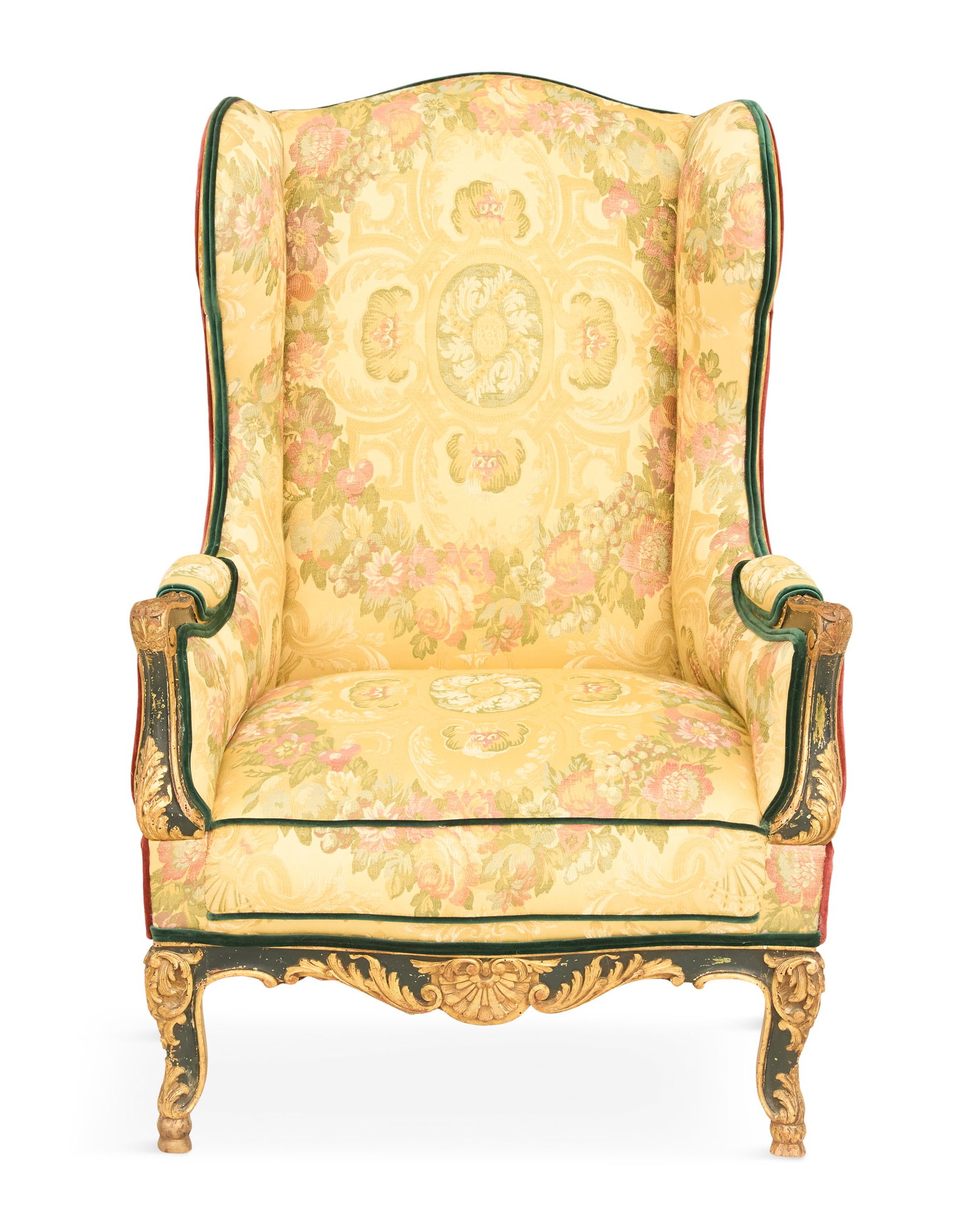 French Polychrome and Parcel-Gilt Wing Chair: French Polychrome and Parcel-Gilt Wing Chair 18th century, in the Louis XV taste, the arm fronts with acanthine-carved details, the front apron with a central shell and foliate returns, raised on carv