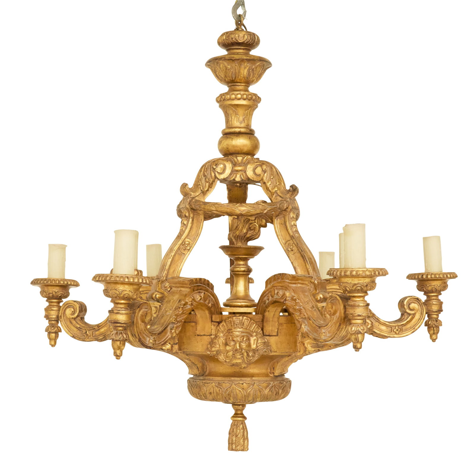 Bold Baroque-Style Giltwood Chandelier: Bold Baroque-Style Giltwood Chandelier 20th century, the leaf-carved and turned standard supporting a frame decorated with carved and pierced swagging, mounted with a circular body set with central fl