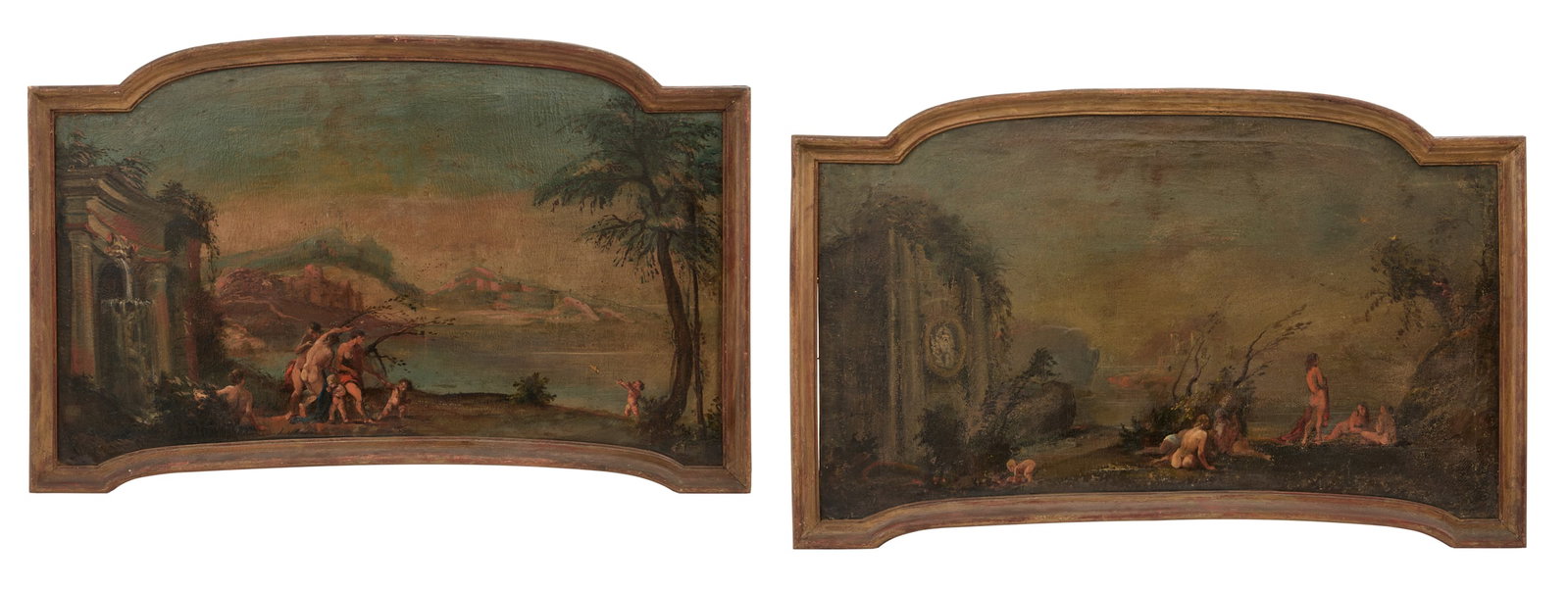 Pair of Continental Decorative Paintings: Pair of Continental Decorative Paintings of Bacchanalian Scenes oil on canvas, unsigned, in integral shaped giltwood frames. each overall 25-1/2" x 40-1/2" Provenance: Kevin Stone Antiques, The Collec