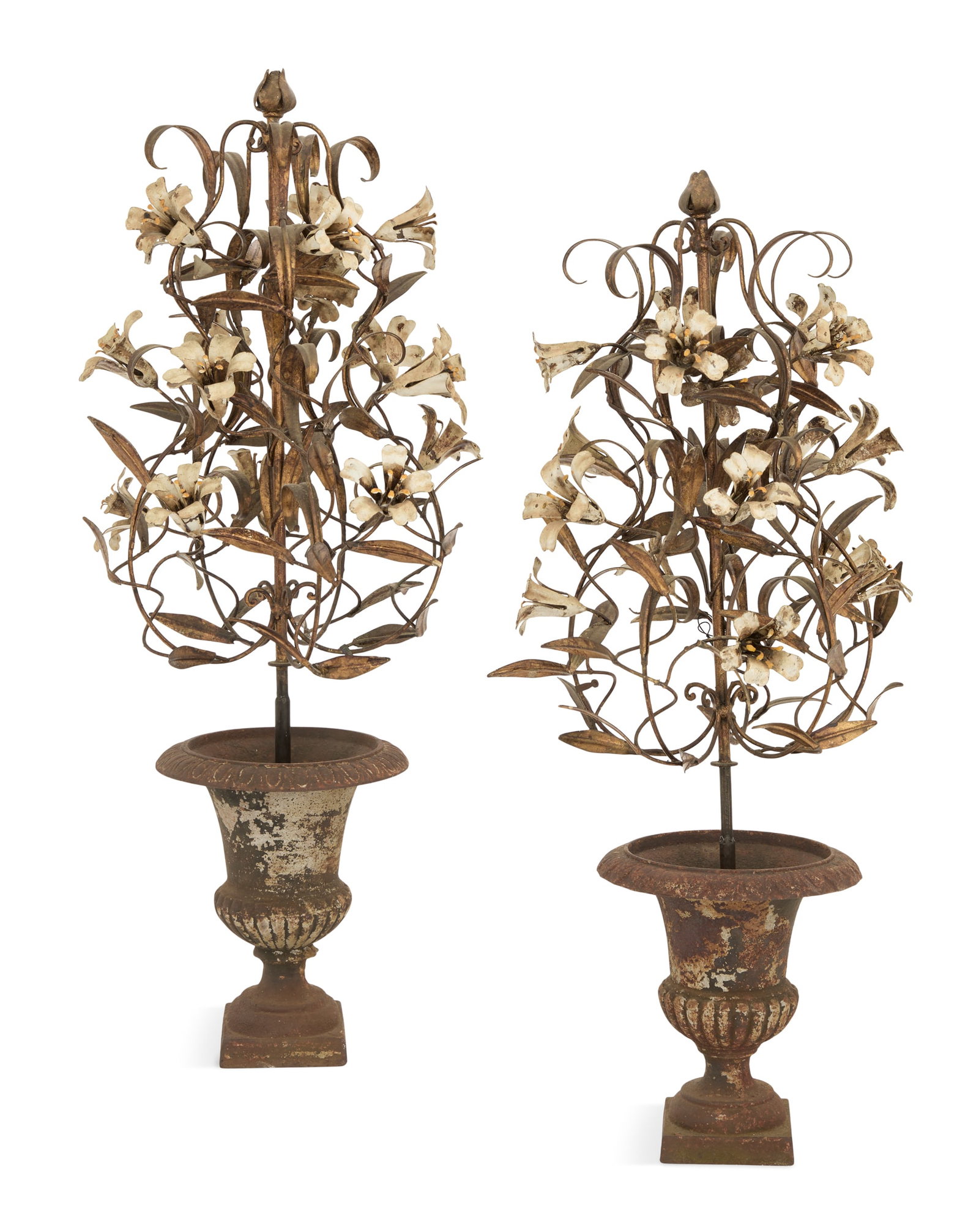 Pair of Tole and Iron Urns of Lilies: Pair of Tole and Iron Urns of Lilies first half 20th century, the white-enameled tole lilies with gilt-metal leaves, set into cast-iron campana-form urns with egg-and-dart rims and reeded bodies. h. 2