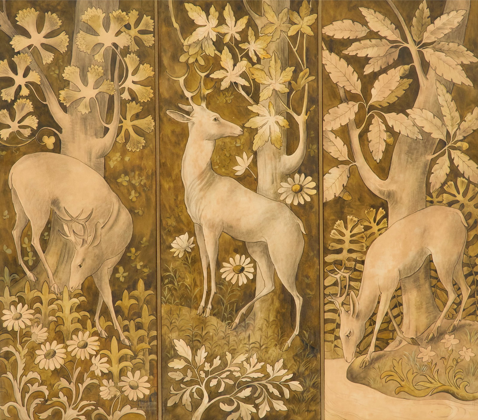 American Decorative Painted Panels of Deer: American Decorative Painted Panels of Deer first half 20th century, ink and watercolor on cardboard laid down on wood panel, signed "Massey" lower right, three panels all set within an integral frame.