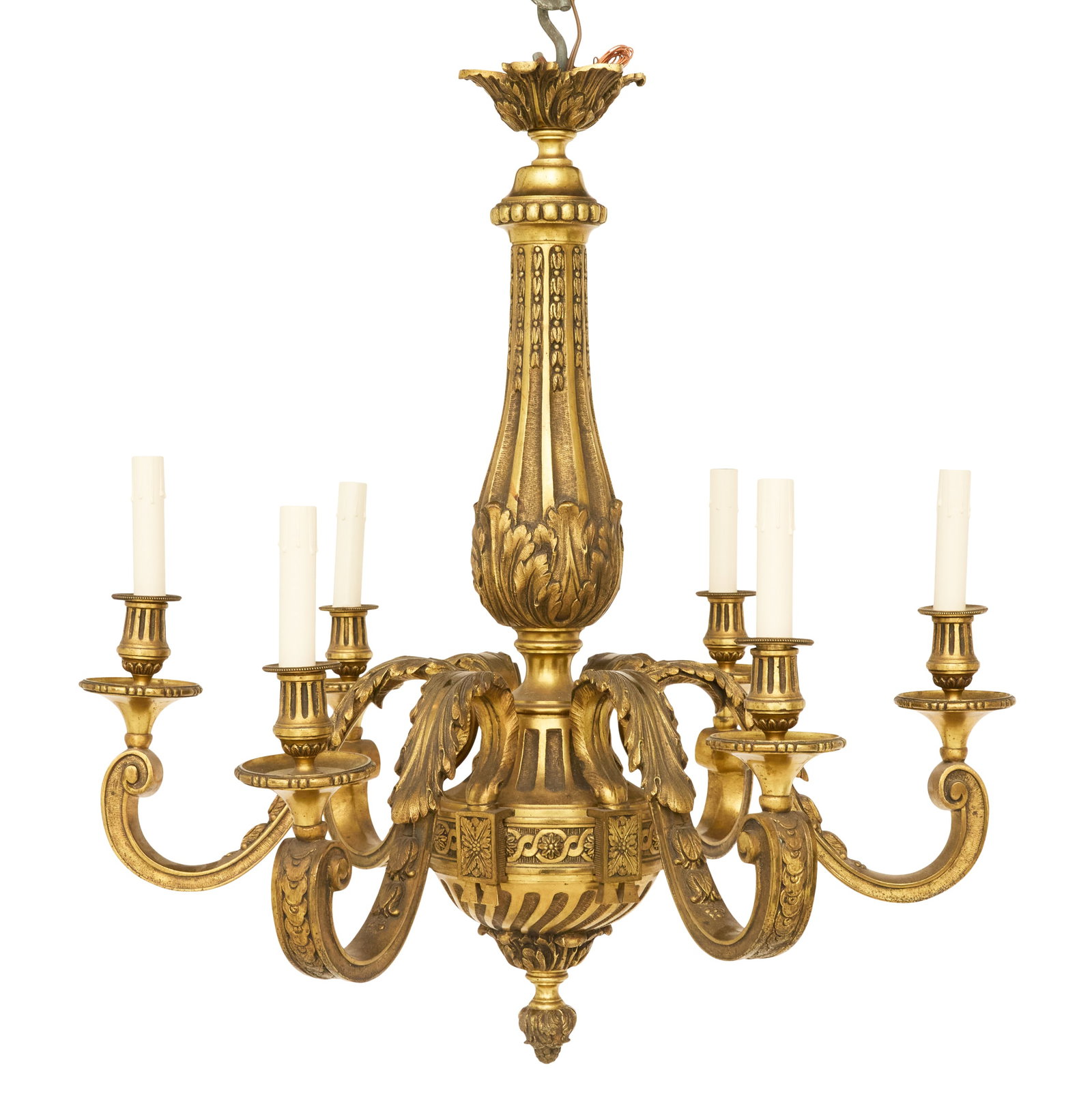 French Belle Epoque Bronze Chandelier: French Belle Epoque Bronze Chandelier late 19th century, the six-light chandelier with a fluted vasiform standard decorated with bellflowers and acanthus leaves, the guilloche-molded body set with lea