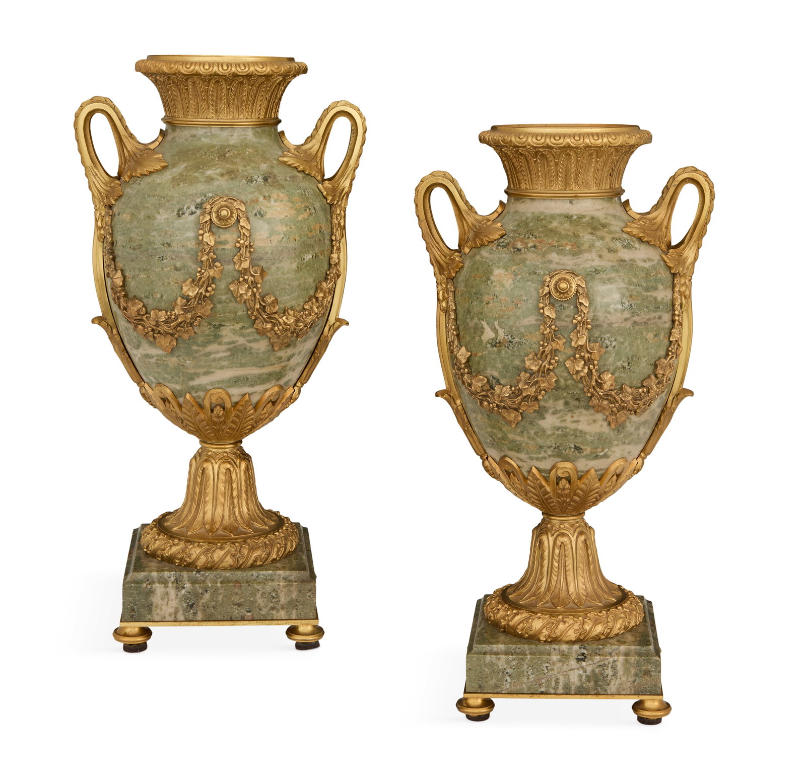 Pair of Tiffany & Co. Marble Garniture Urns: Pair of Tiffany & Co. Marble and Bronze Garniture Urns early 20th century, the gilt-bronze and Montousse marble urns in the Belle Epoque taste, the marble bodies mounted with bronze laurel-molded rims
