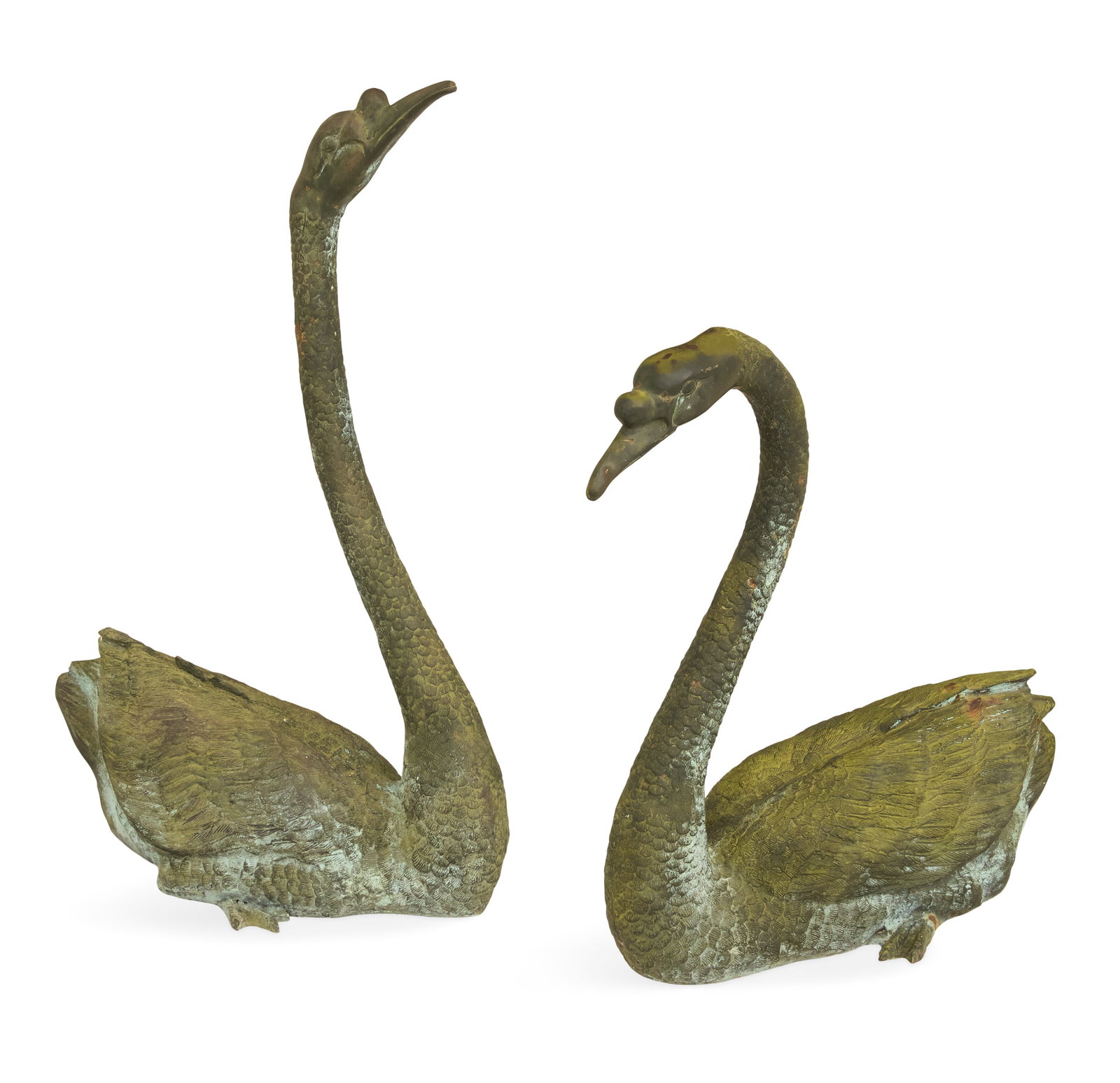 Pair of Patinated-Bronze Swan Figures: Pair of Patinated-Bronze Swan Figures the swans with a green-painted surface. h. 29" to 36-1/2", w. 23", d. 12"