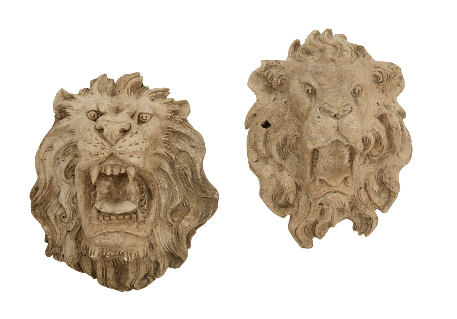 Pair of Painted Plaster Lion's-Head Plaques: Pair of Painted Plaster Lion's-Head Plaques 20th century, the tan-painted open-mouthed lions framed with molded manes. h. 12-1/4", w. 8-1/4", d. 6-1/2"