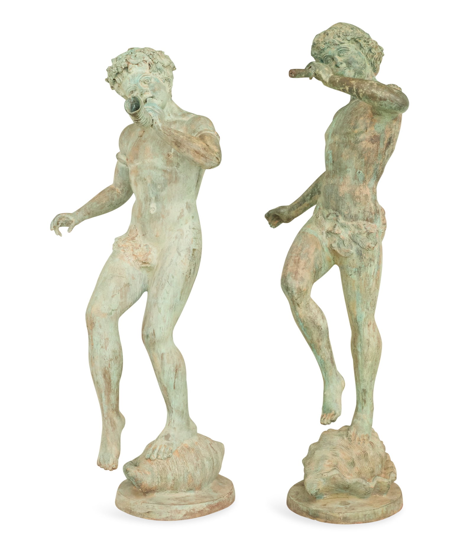 Two Patinated-Bronze Figural Fountains: Two Patinated-Bronze Figural Fountains contemporary, each in the form of a Bacchanalian faun, one blowing a flute, piped for water, and the other a ram's horn, piped for water, draped in grapevines, e