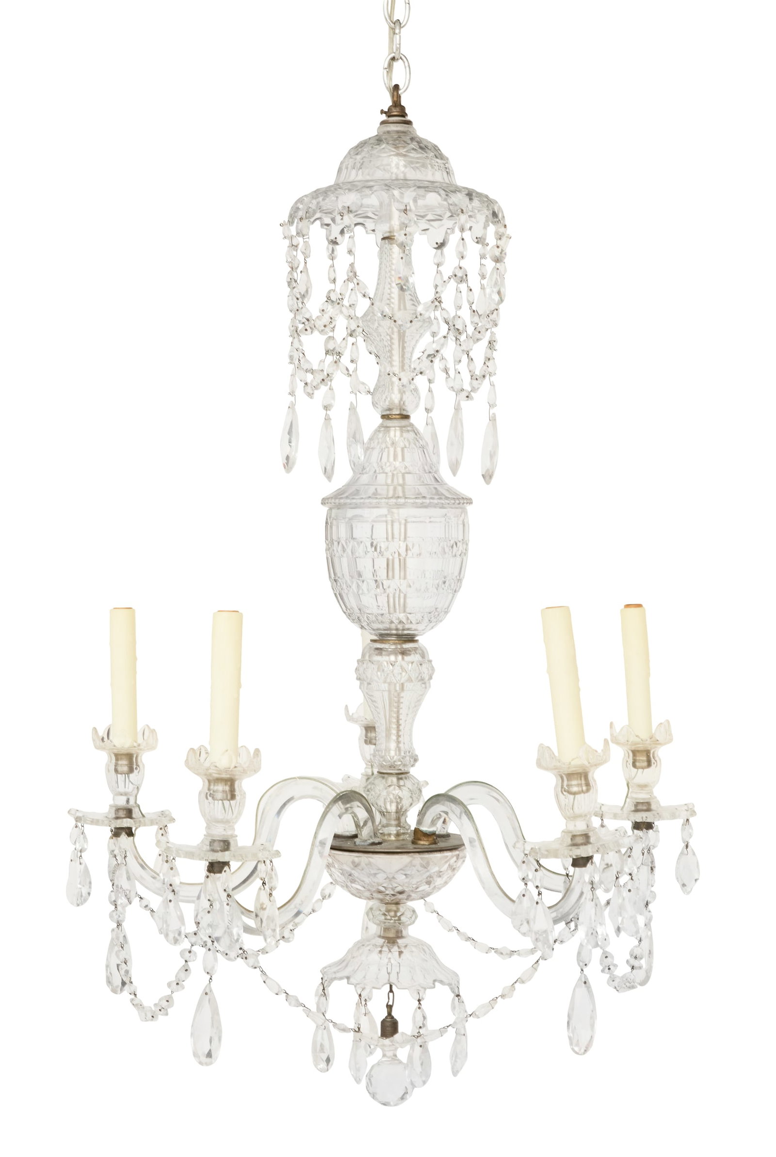 English Cut-Glass Chandelier: English Cut-Glass Chandelier 20th century, the five-light chandelier with an ogee-form cut-glass corona hung with swags of cut-glass drops, overhanging the vasiform cut-glass-clad standard set with fi