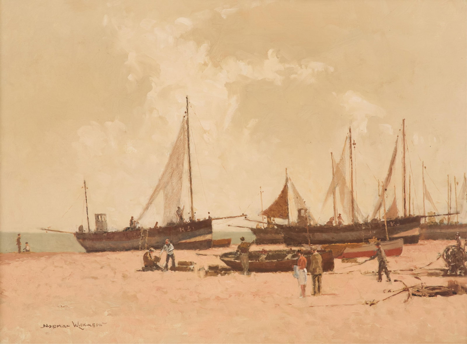 Norman Wilkinson (British, 1878-1971): Norman Wilkinson (British, 1878-1971) "Pulling into Harbor" oil on canvas signed lower left, an old London canvas stamp en verso along with a "James Bourlet & Sons" drayage label. Framed. 18" x 24-1/2