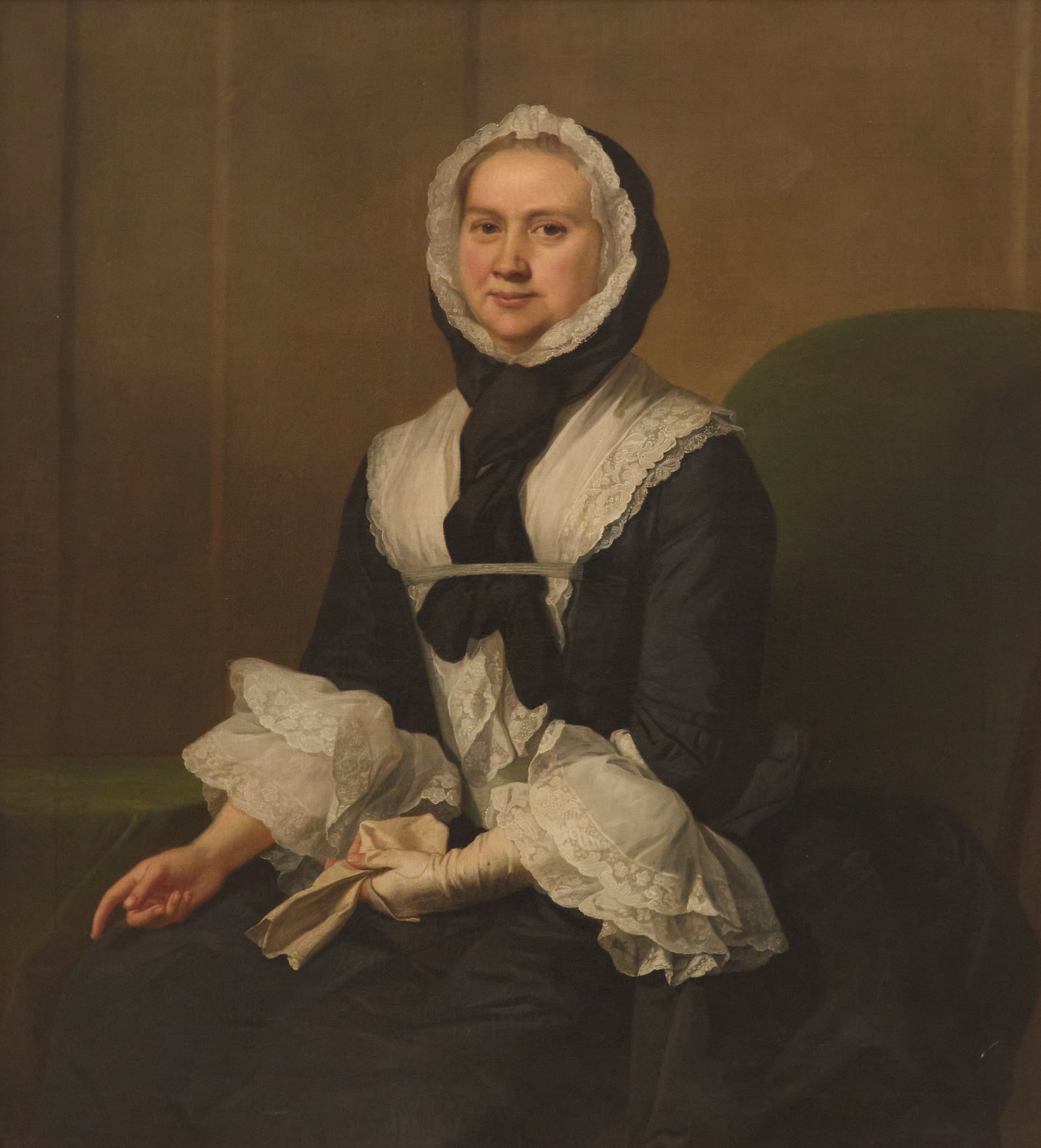 Attr. to Joseph Highmore (British, 1692-1780): Attributed to Joseph Highmore (British, 1692-1780) "Portrait of a Lady with White Lace Cuffs" oil on canvas unsigned. In an antique giltwood frame. 44-1/2" x 40", framed 50-1/4" x 47-1/2"