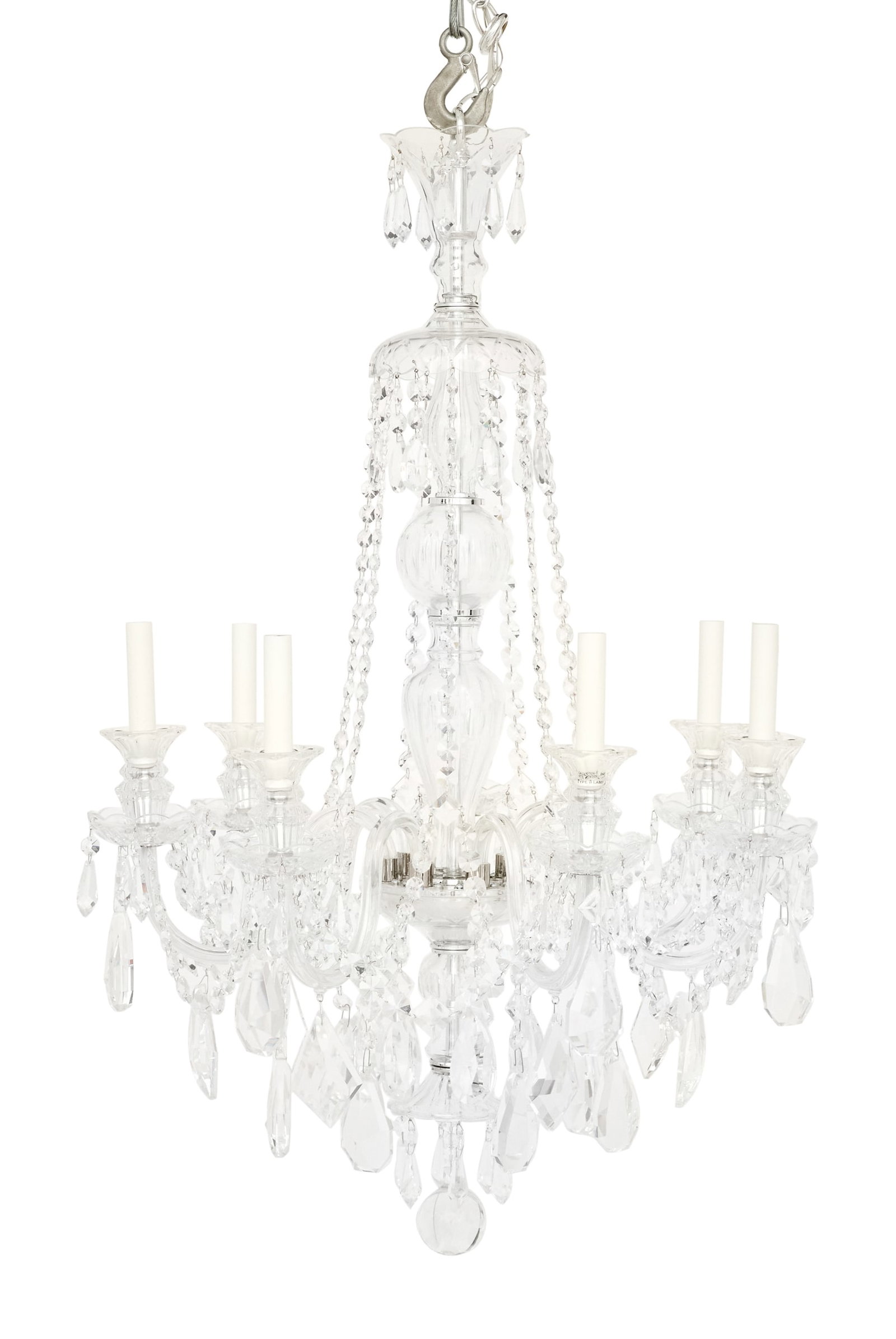Schonbek Molded Crystal Chandelier: Schonbek Molded Crystal Chandelier the seven-light chandelier with a glass-clad vasiform standard, hung with swags of cut-glass drops, set with scrolled glass candle arms terminating in molded candle 