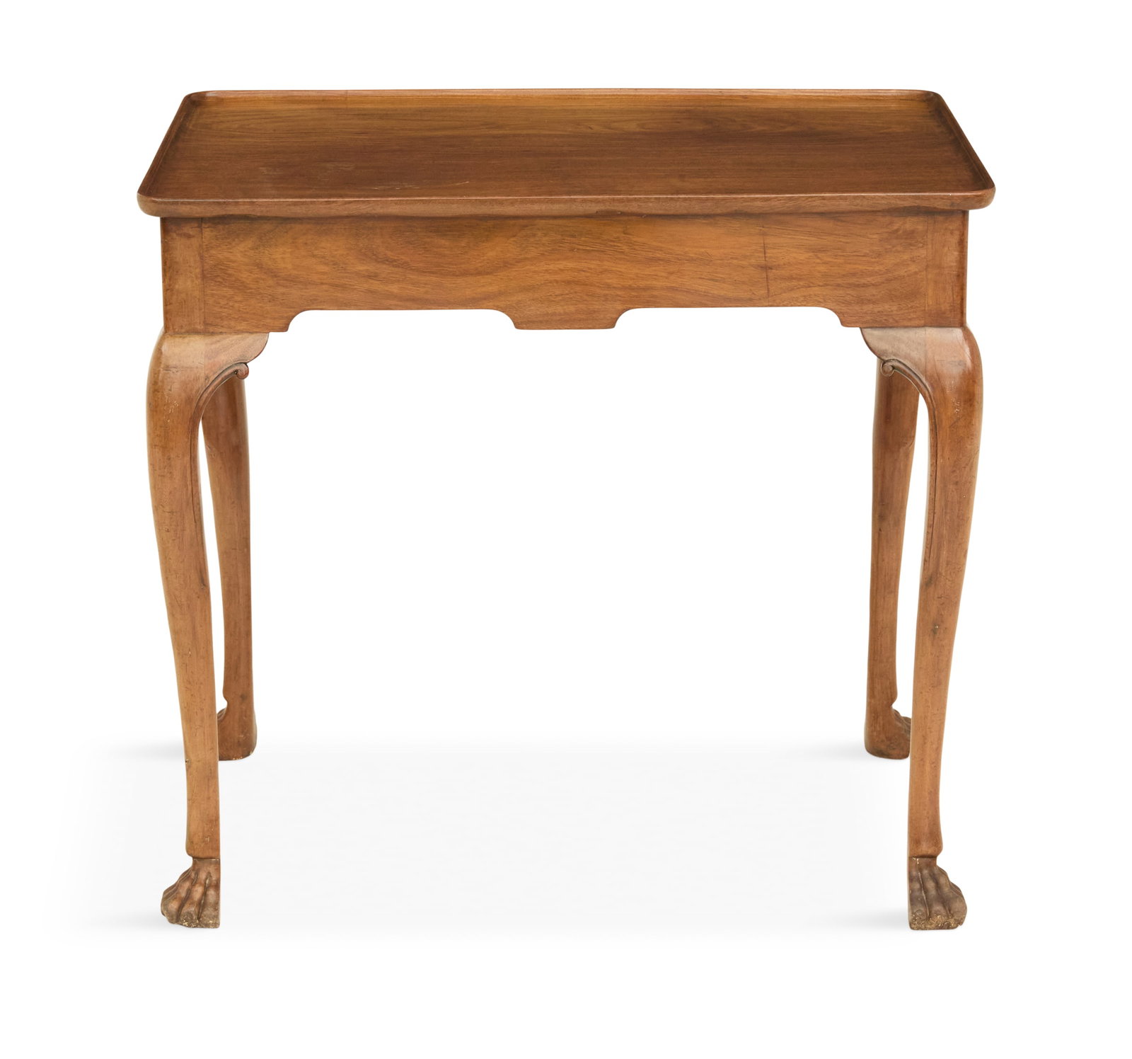 George II Padouk Wood Silver Table: George II Padouk Wood Silver Table mid-18th century, Irish, the rectangular tray-form top mounted to a frame with shaped aprons, raised on cabriole legs ending in carved paw feet. h. 28", w. 30-1/2", 